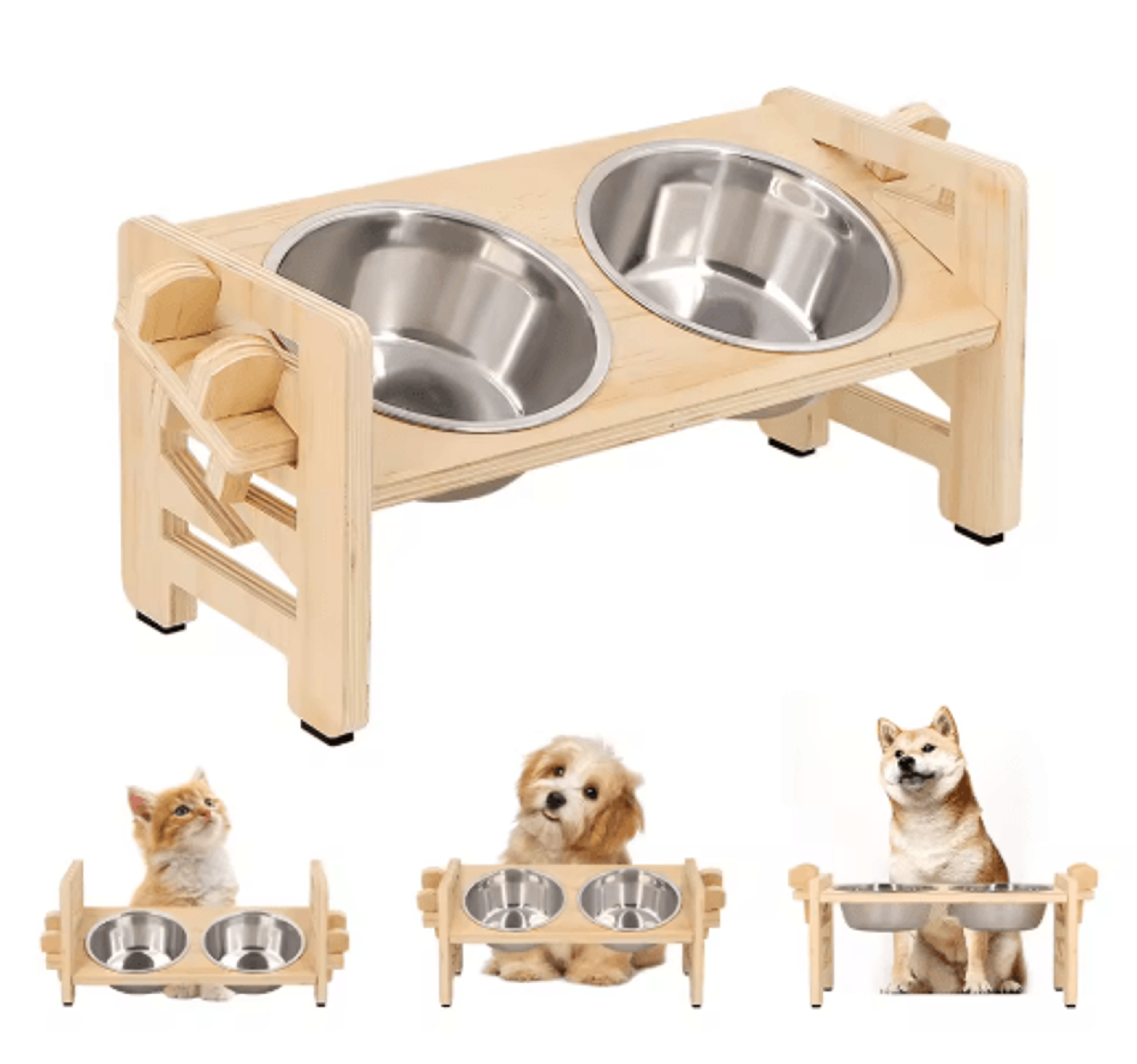 elevated adjustable pet feeder with tilted stainless steel bowls