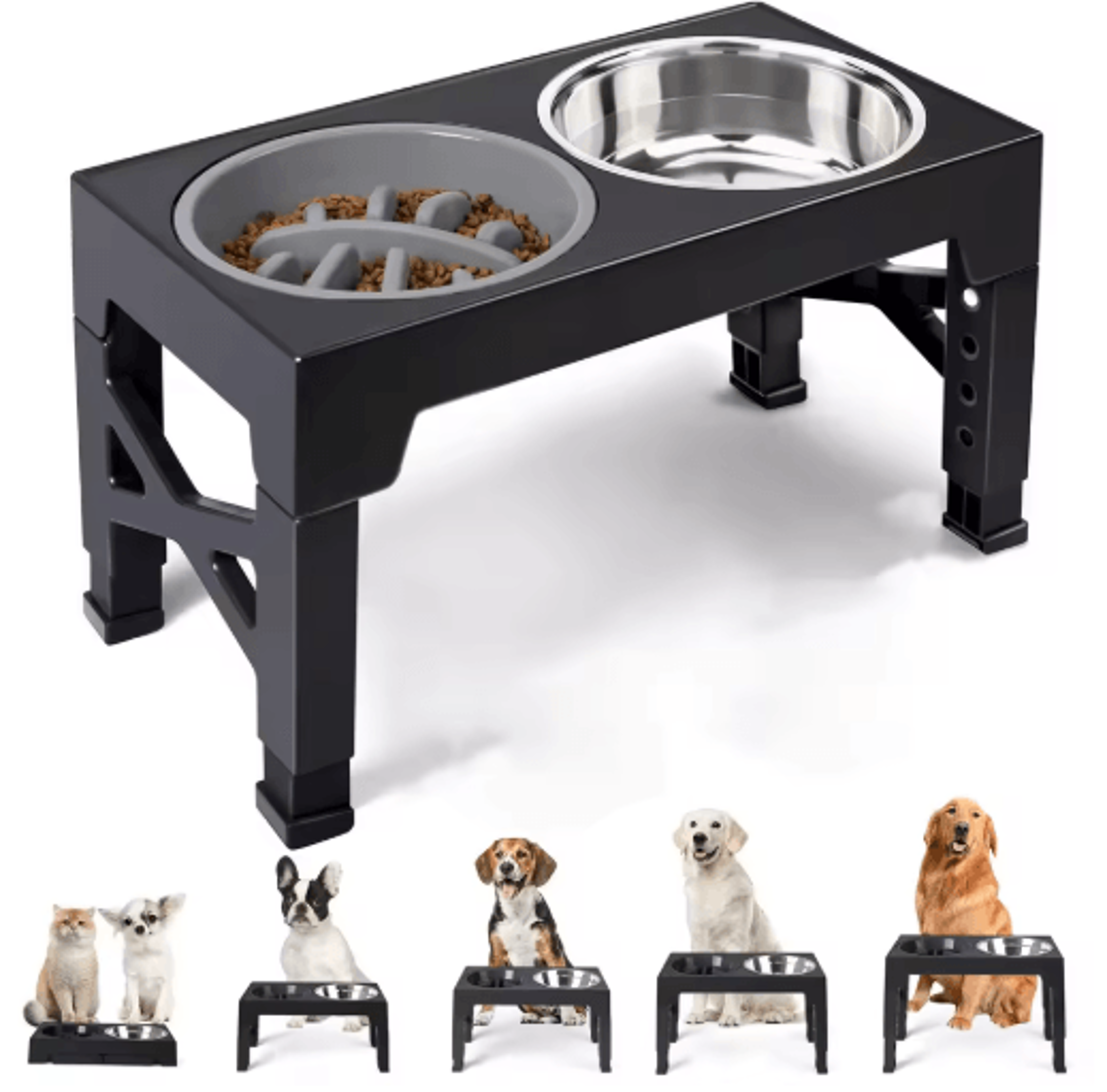 adjustable elevated dog feeder with double stainless steel dog bowls for small, medium & large dogs