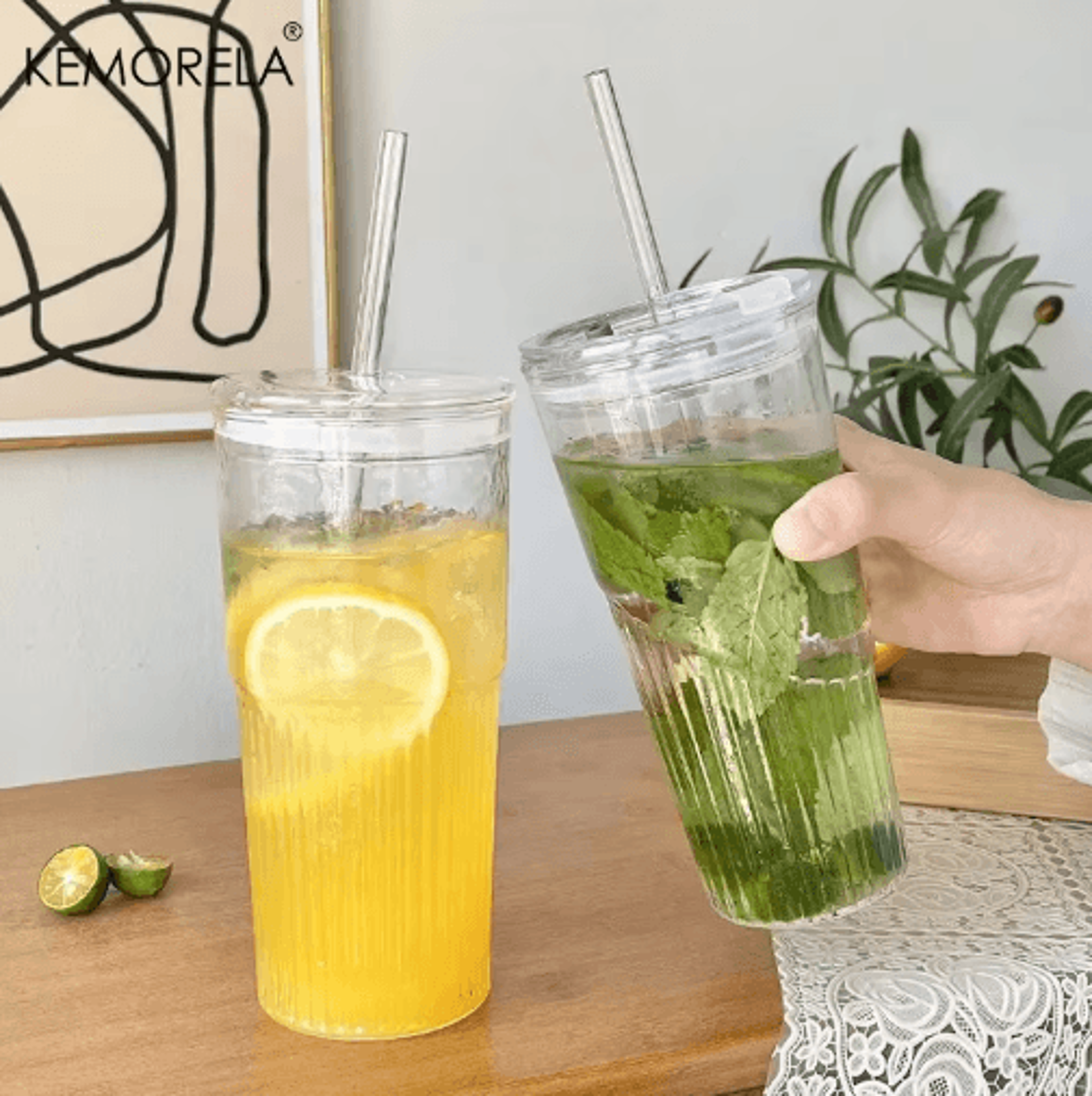 600ml stripe glass cup with lid & straw transparent glass drinking mug for iced coffee, juice & water
