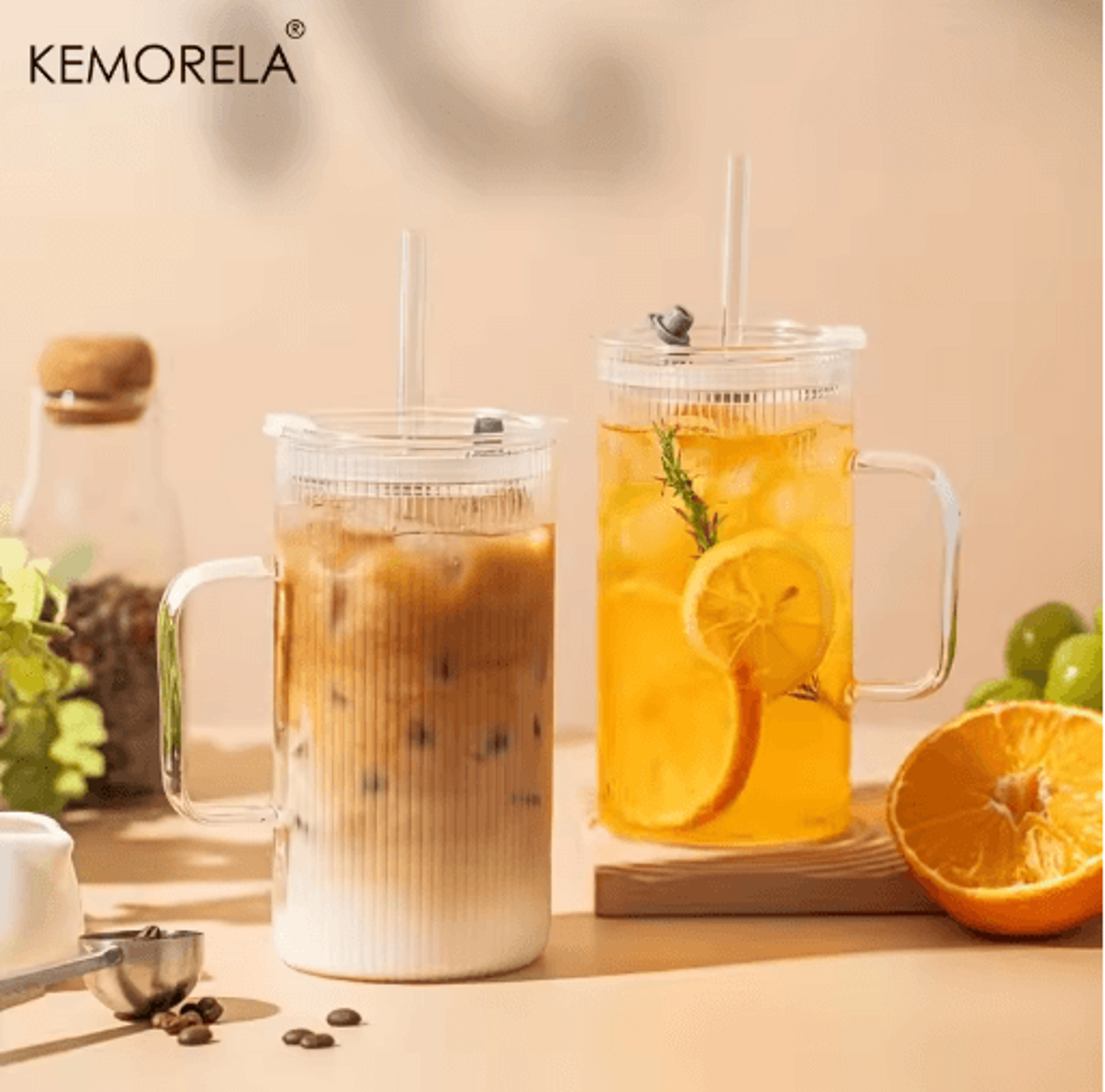 kemorela 740ml ribbed glass tumbler with handle lid and reusable straw clear large drinkware 1 to2 set