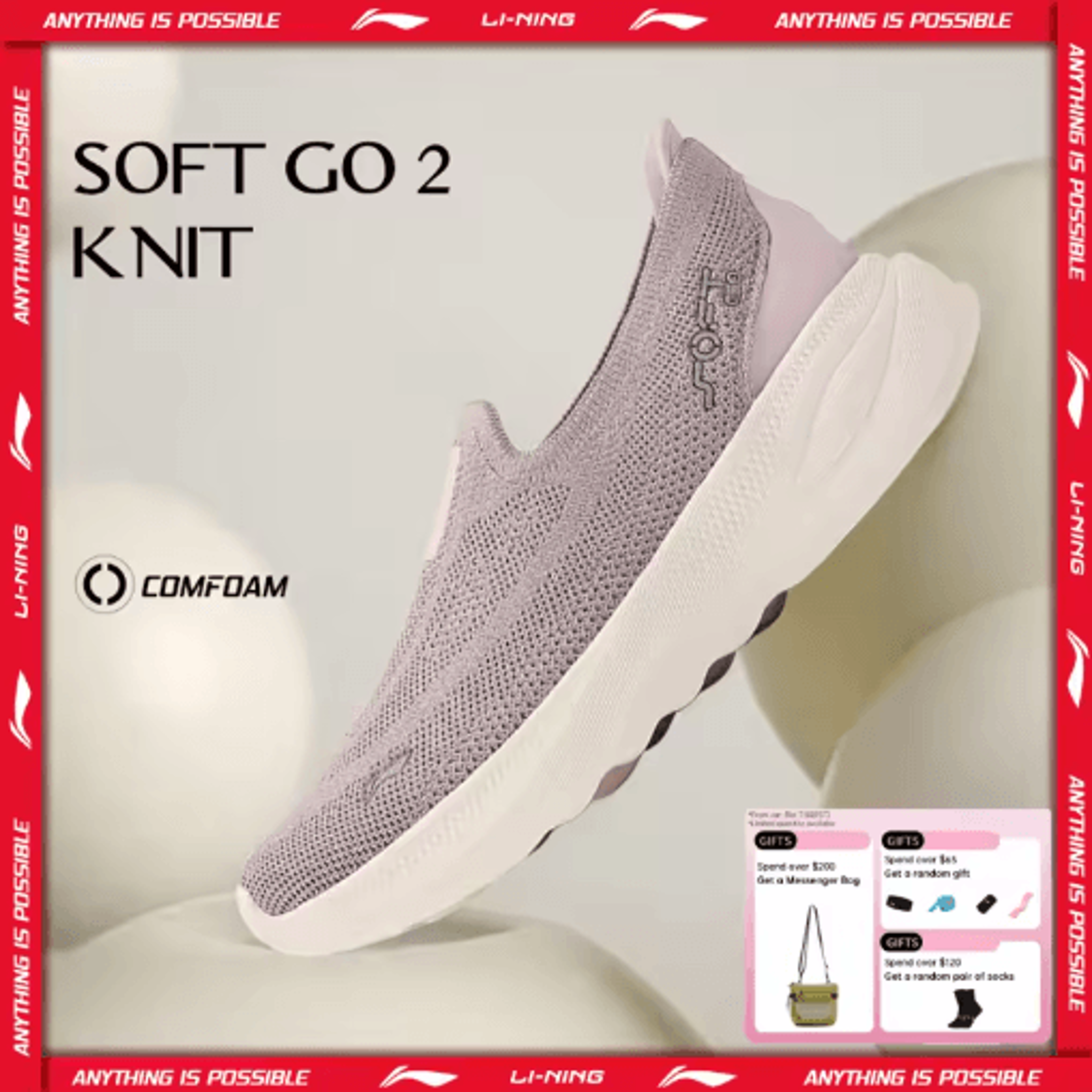 li-ning womens soft go 2 knit slip-on walking sneakers – breathable & cushioned comfort