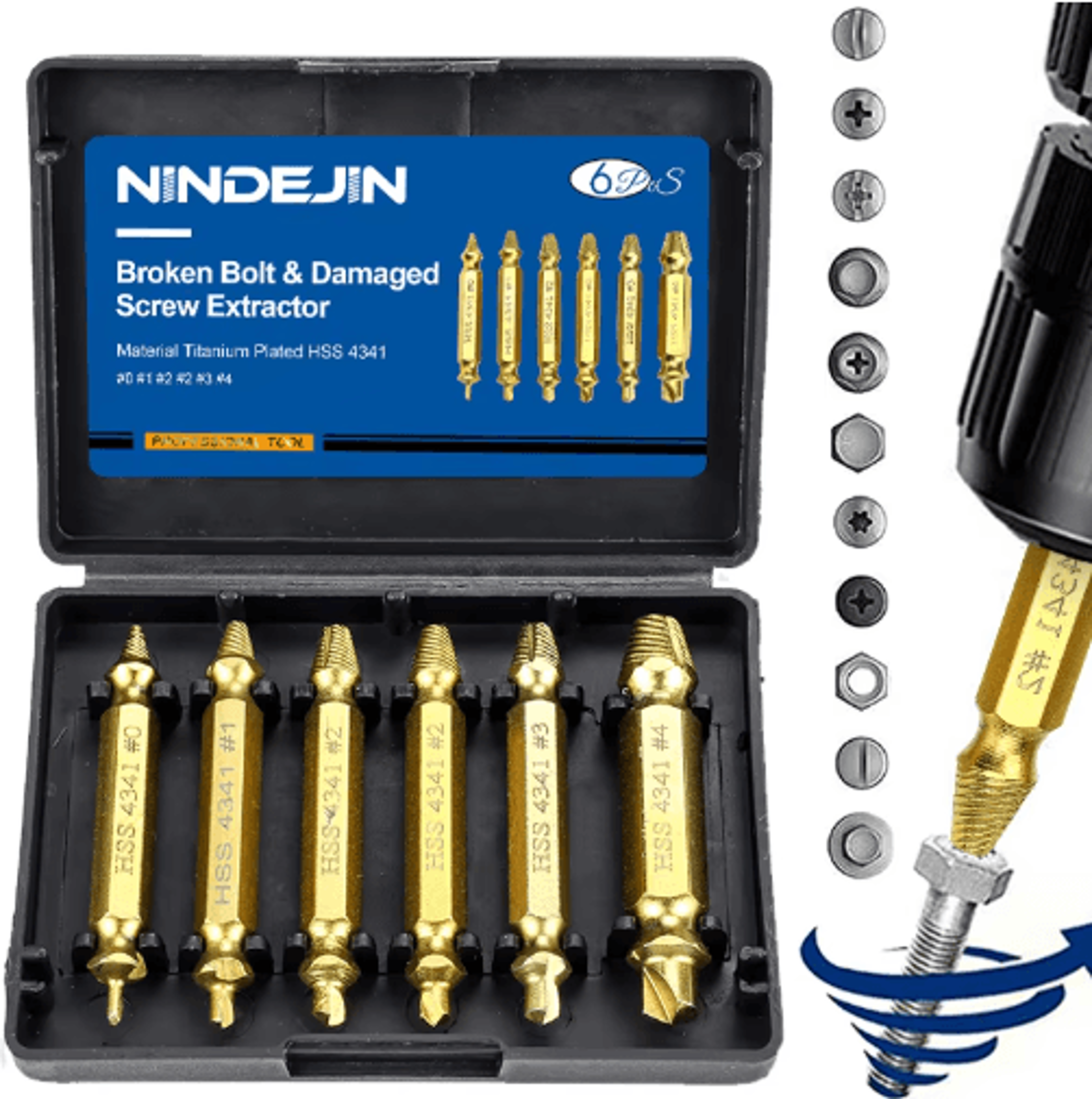 nindejin damaged screw & bolt extractor drill bit set (4/5/6pcs)