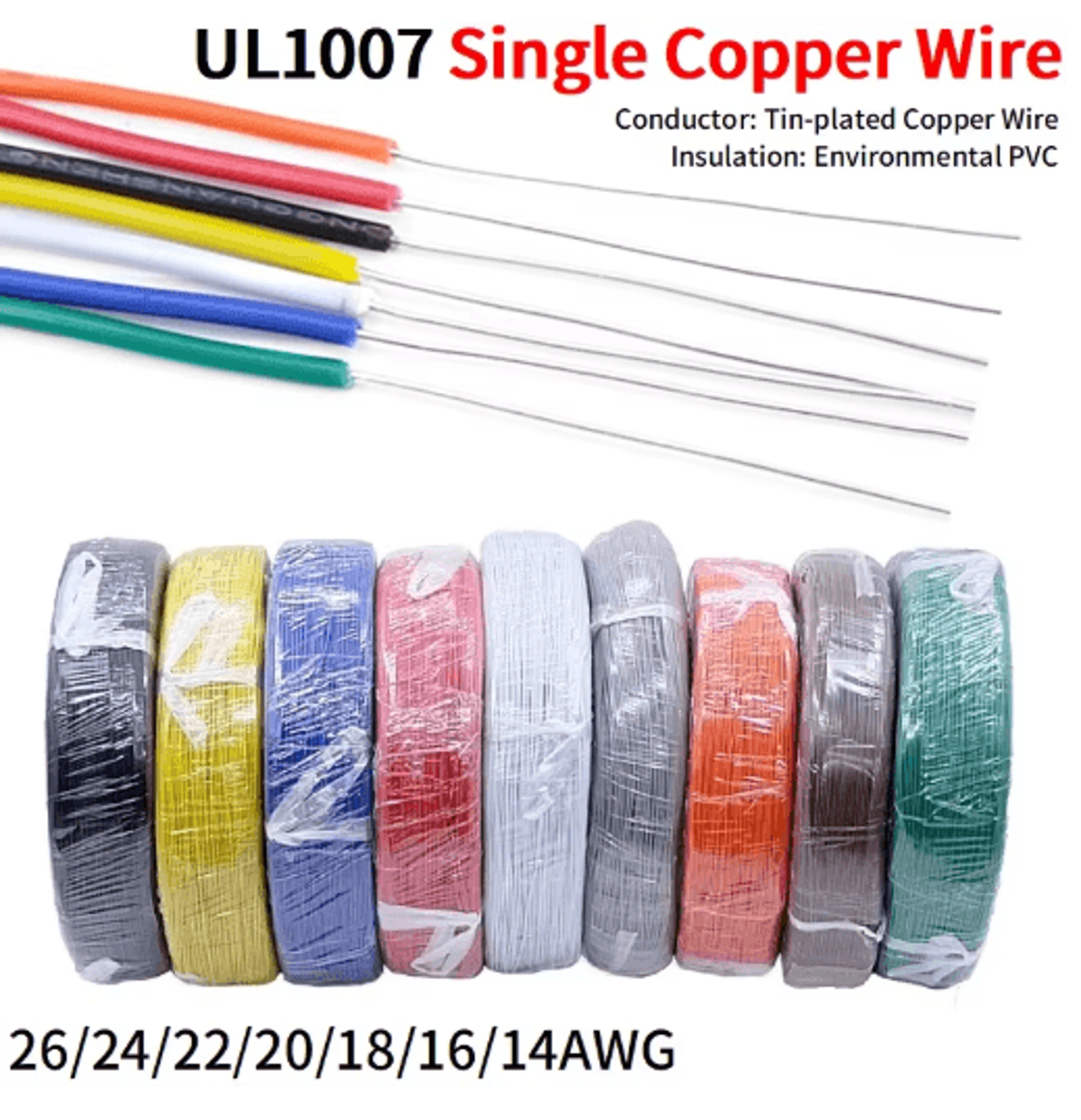 single core tinned copper wire pvc insulated solid electric cable 14tto 26 awg 5m 20m