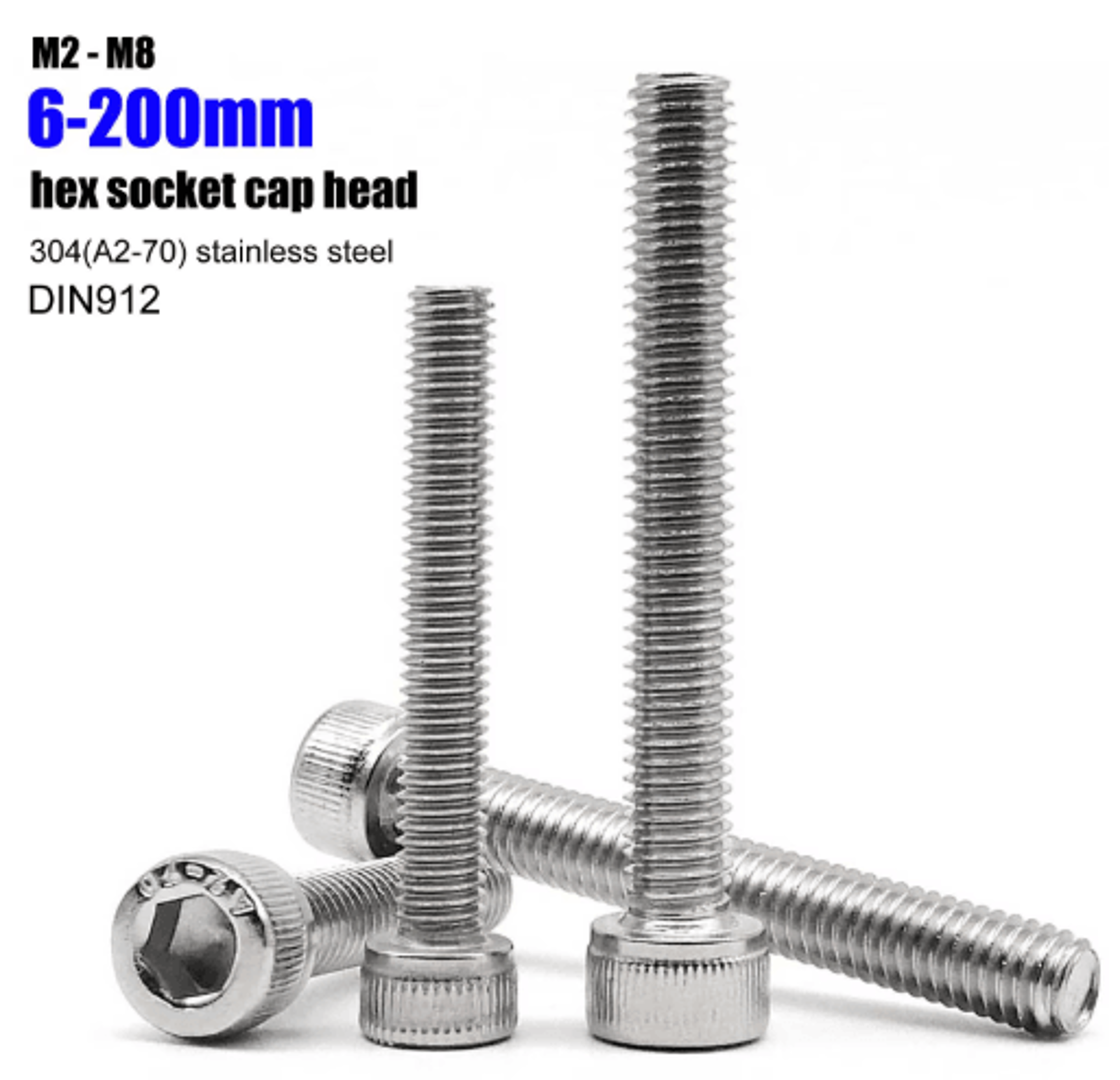 ultra-long 304 stainless steel hex socket cap screws – din912 a2-70 allen bolts (m2–m8, up to 200mm)