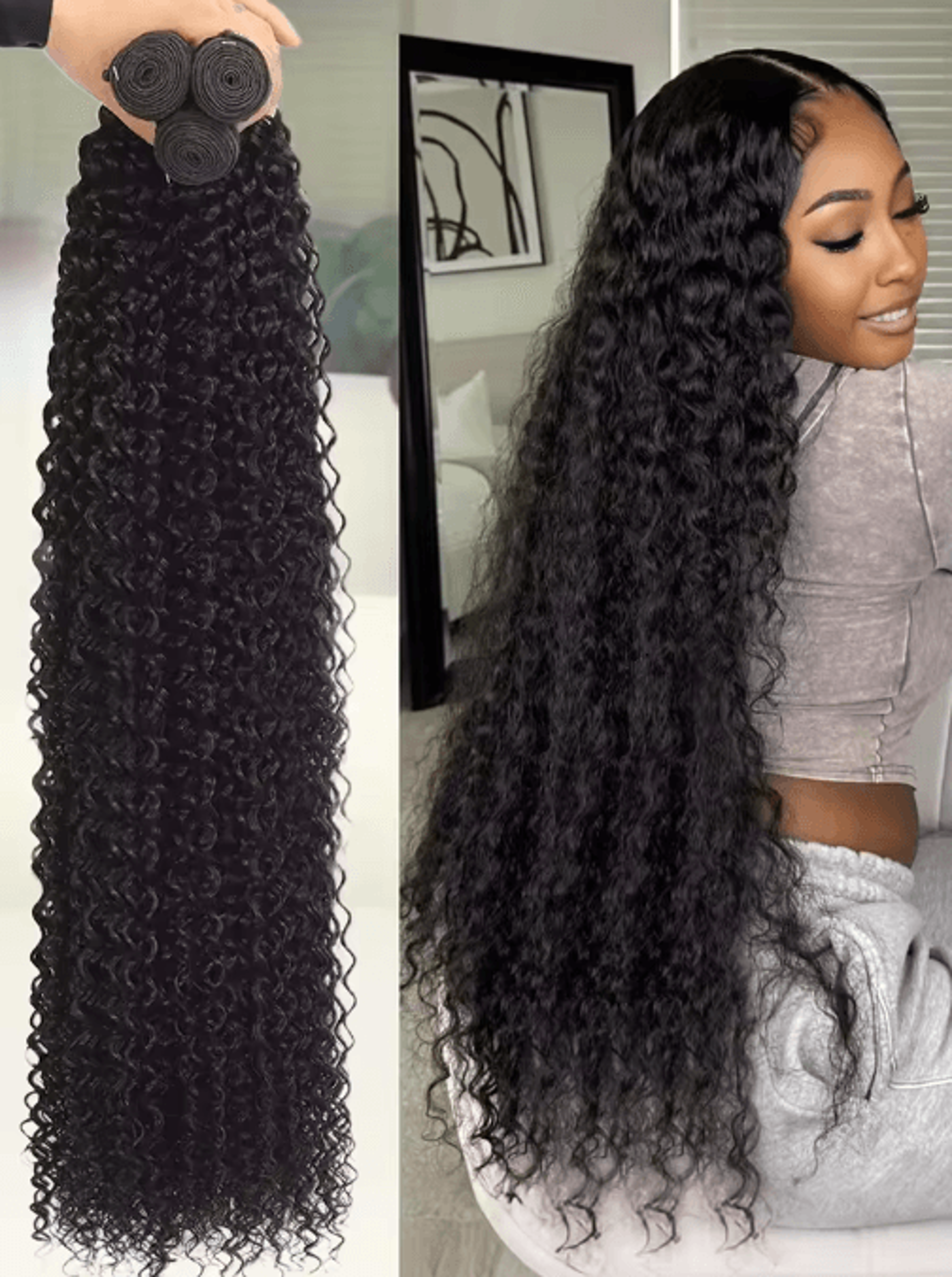 30–34 inch deep wave virgin human hair bundles, raw unprocessed double weft