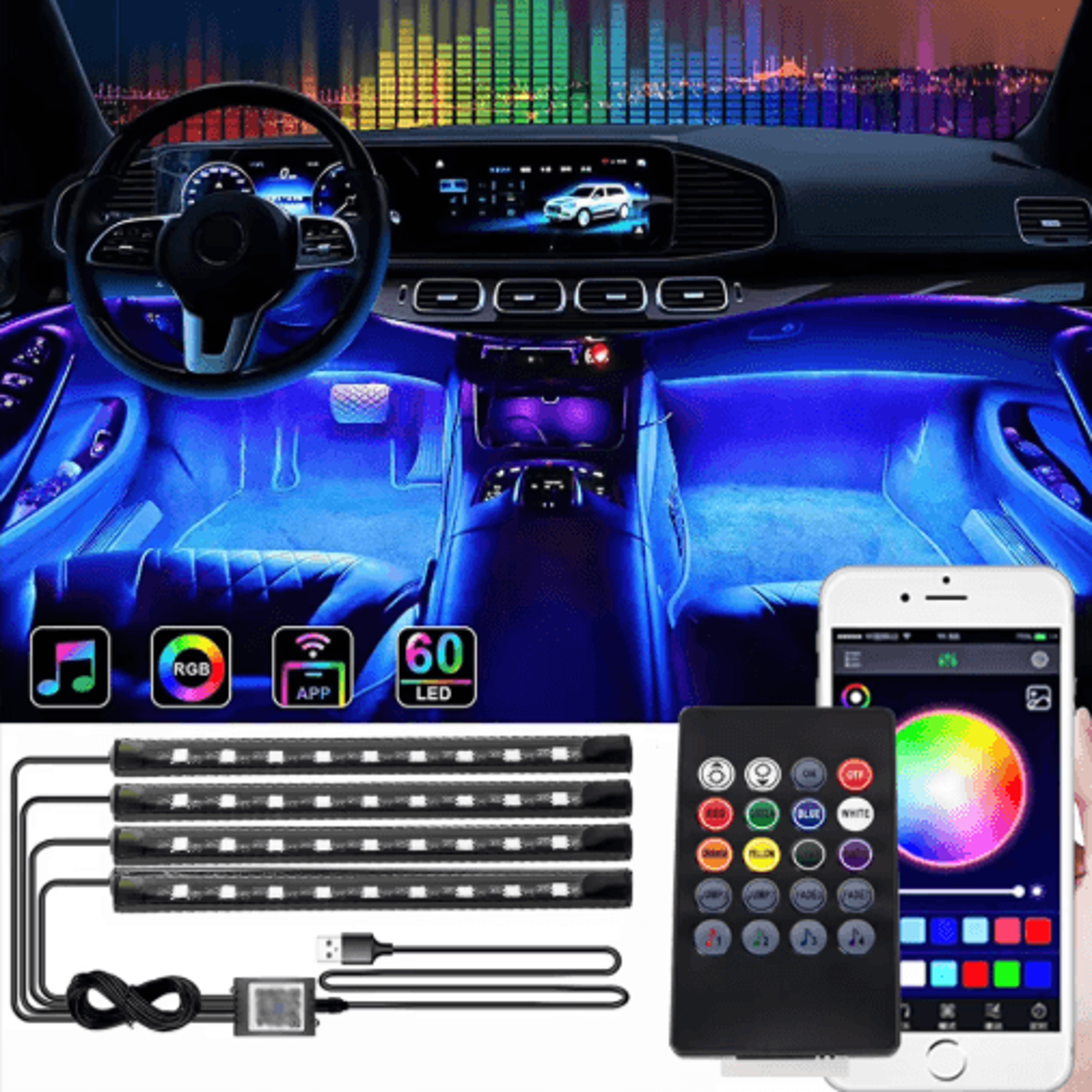 car interior led ambient light strips – dashboard & console cold light atmosphere lamps