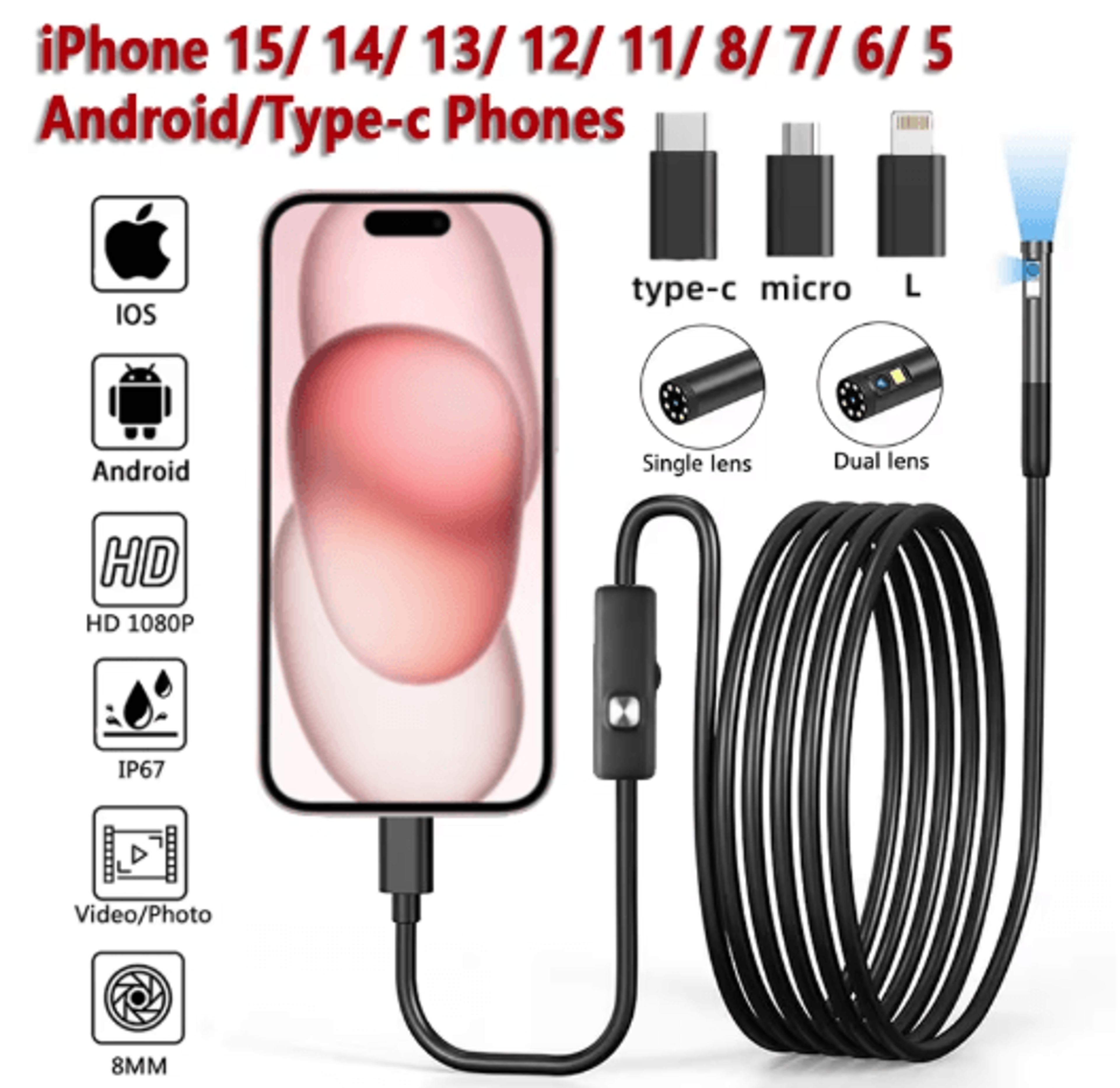 instascope 8mm 1080p endoscope inspection camera for iphone and android