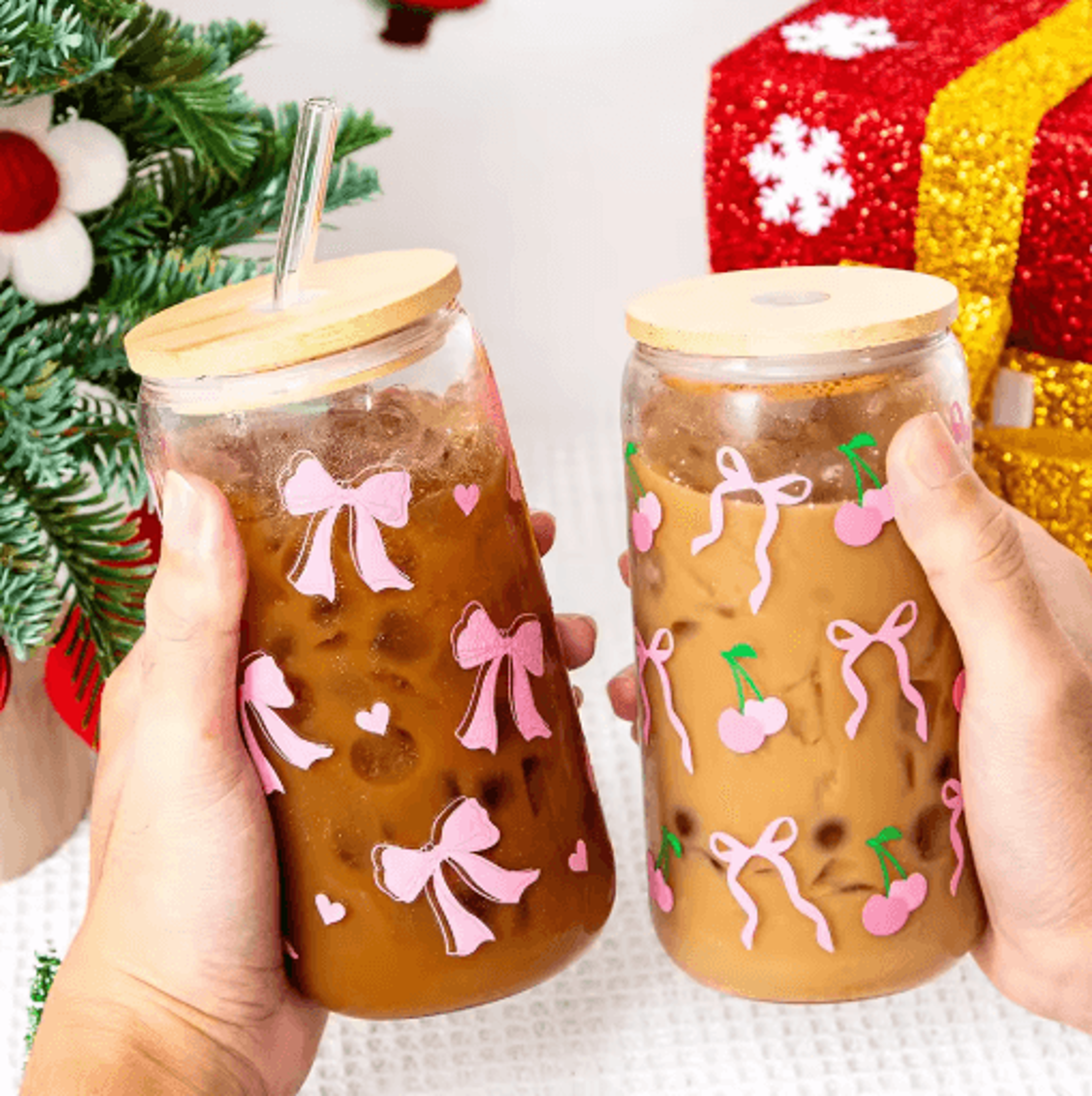 cherry bow glass tumbler with straw 500 ml mason jar style iced coffee and juice cup