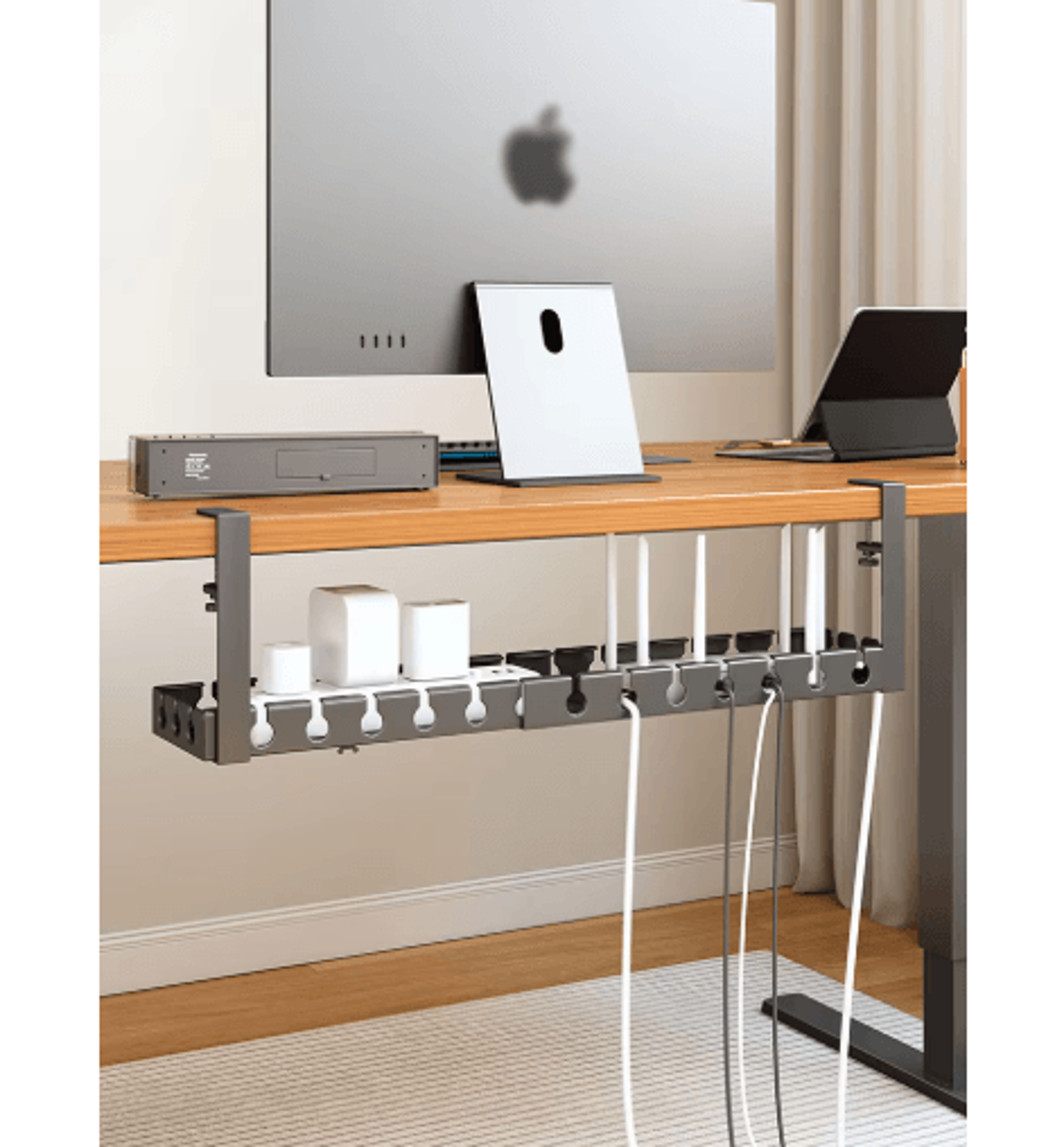 extendable steel under desk cable management tray with power strip holder