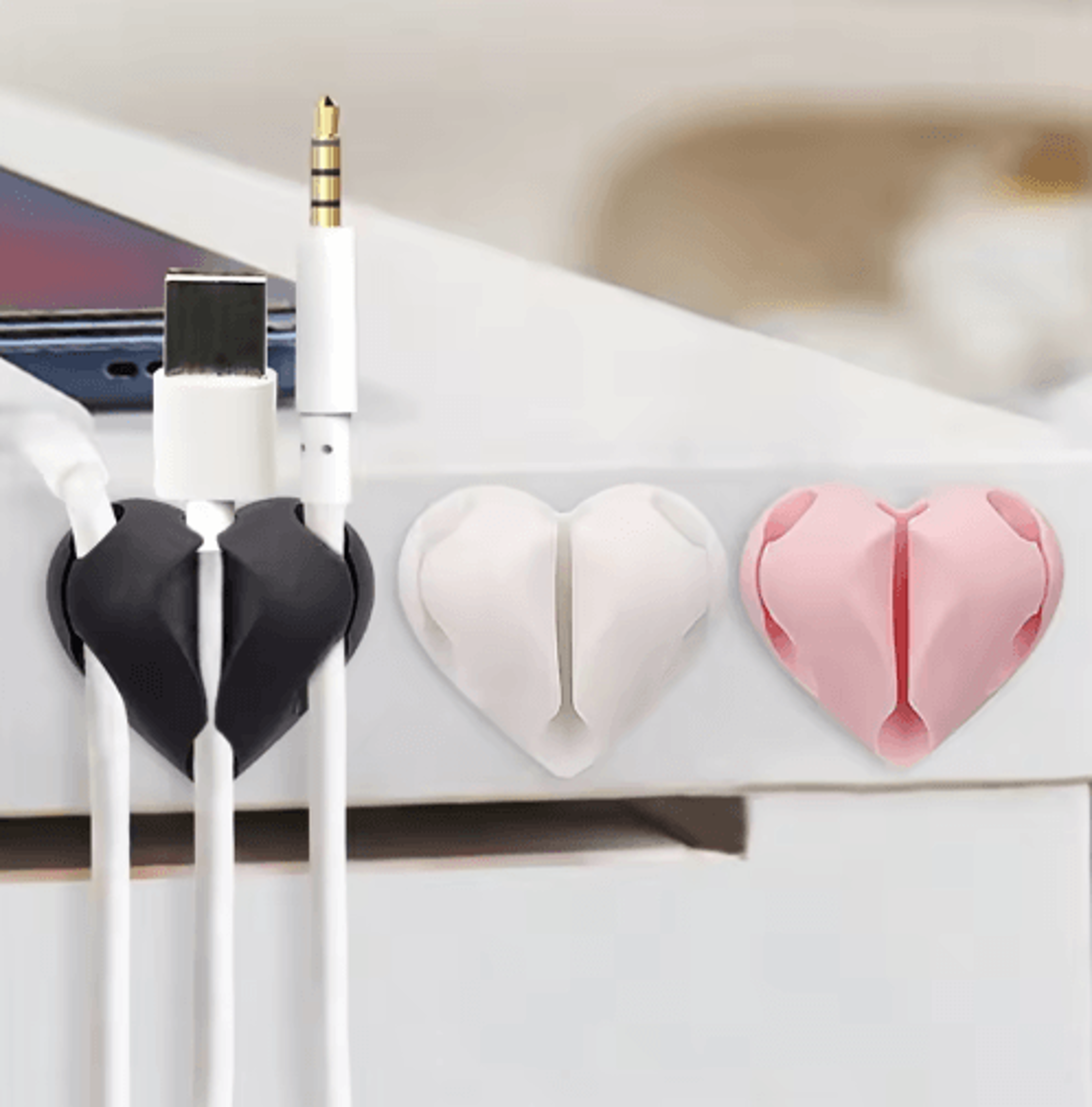 heart-shaped mini cable winder organizer clips – set of 2