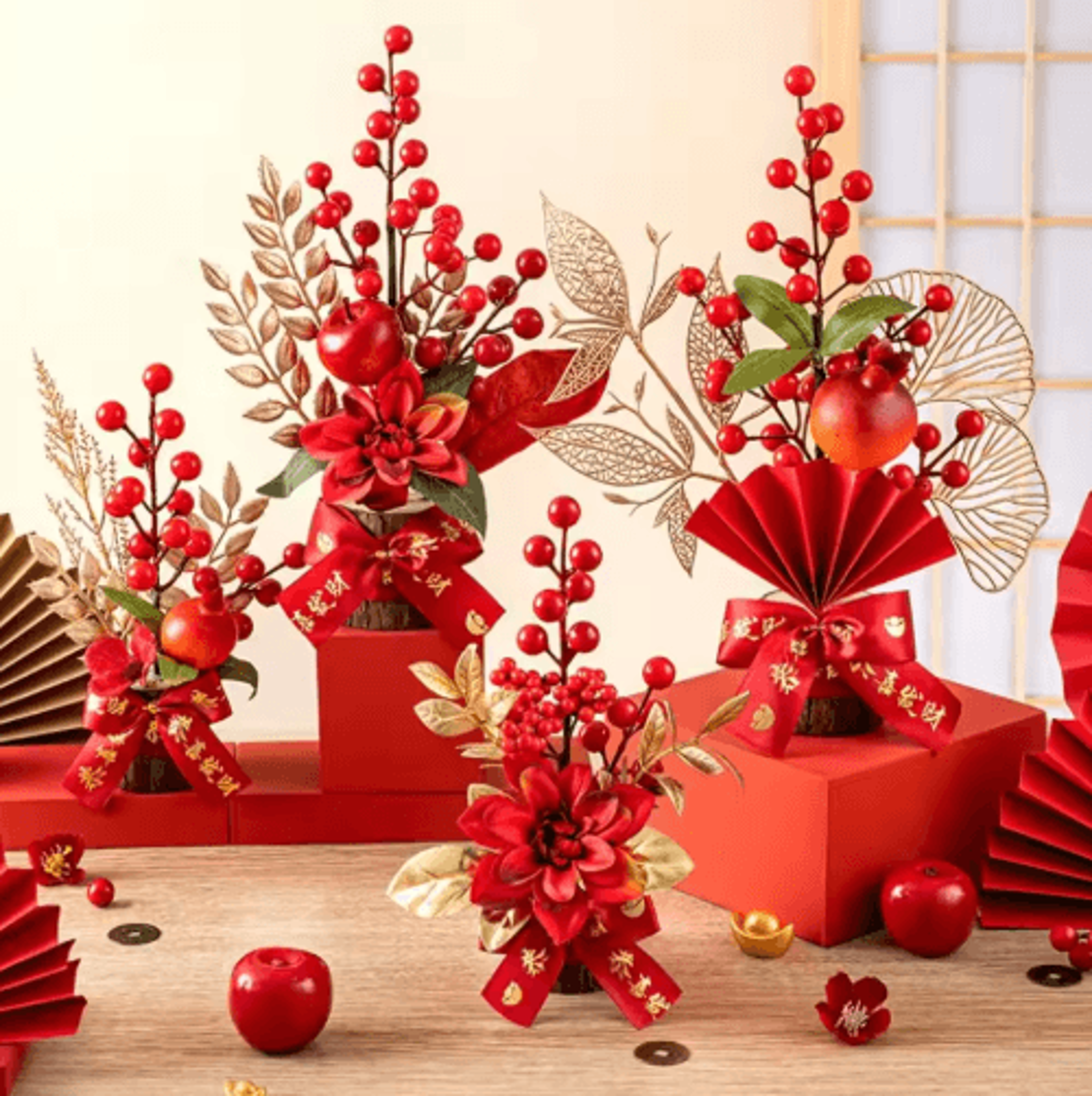 chinese artificial red berry plant pot for good luck decor