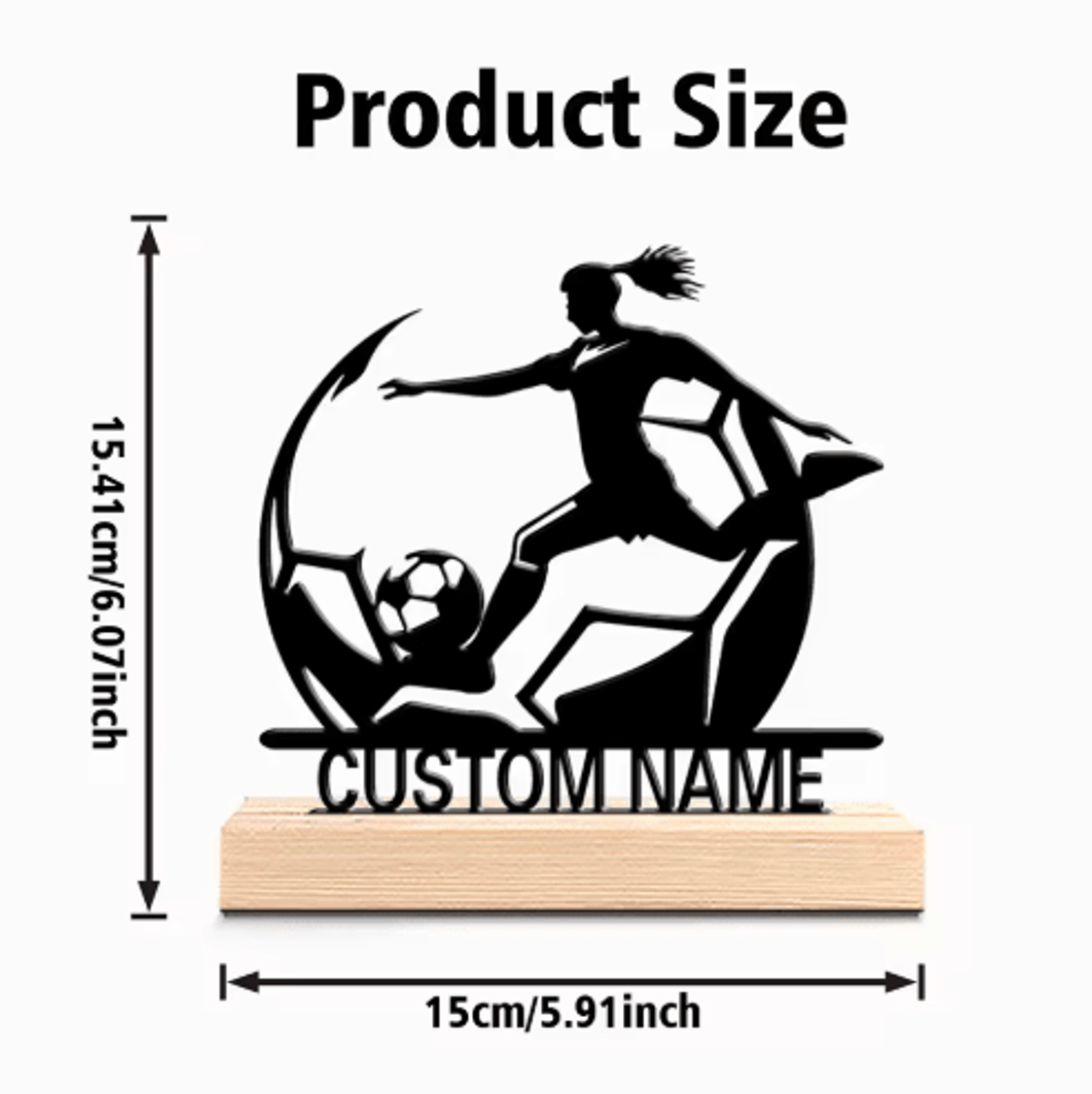 personalized womens soccer metal statue with wooden base