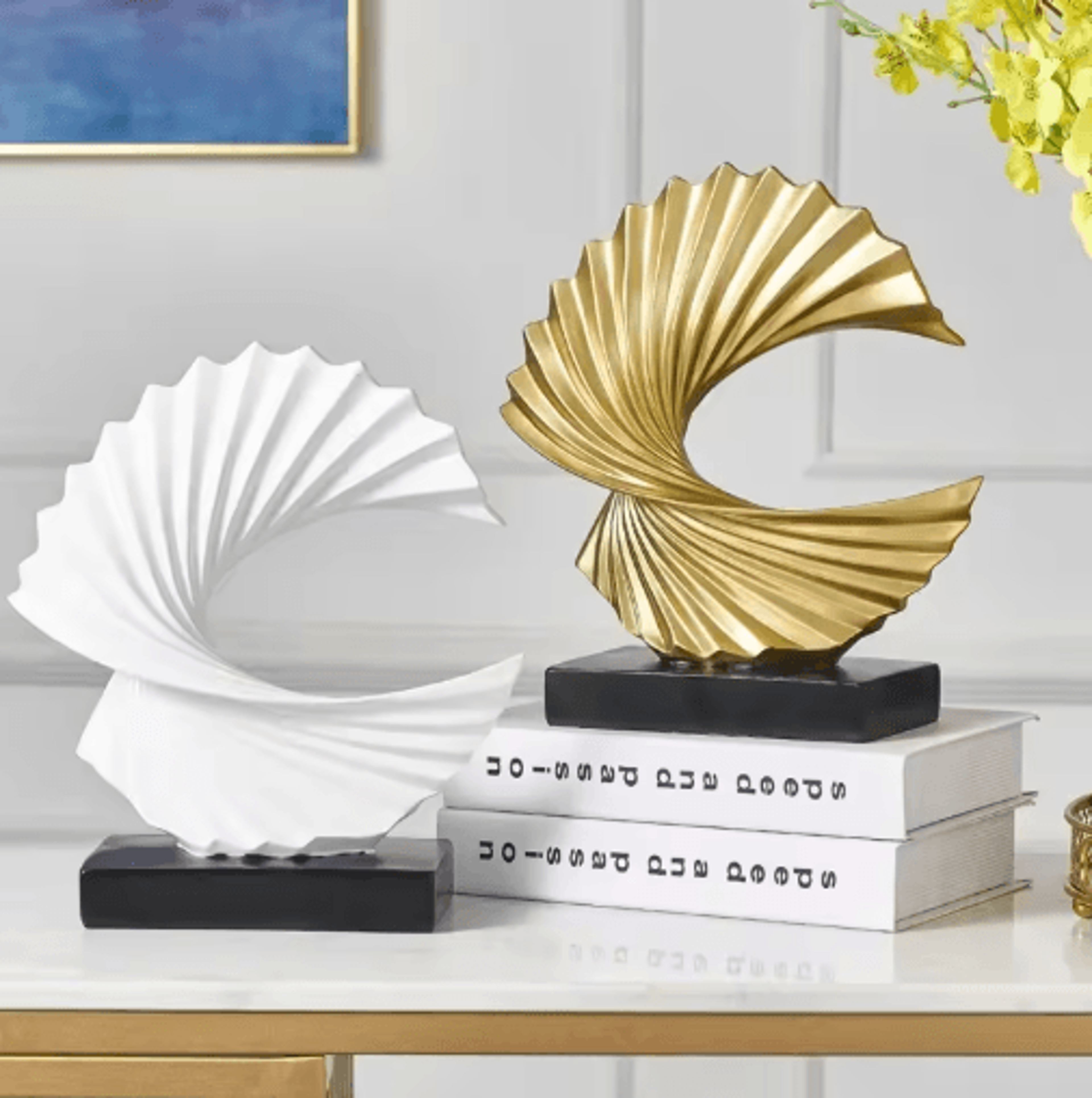 modern abstract resin sculpture – golden art statue for living room and office decor