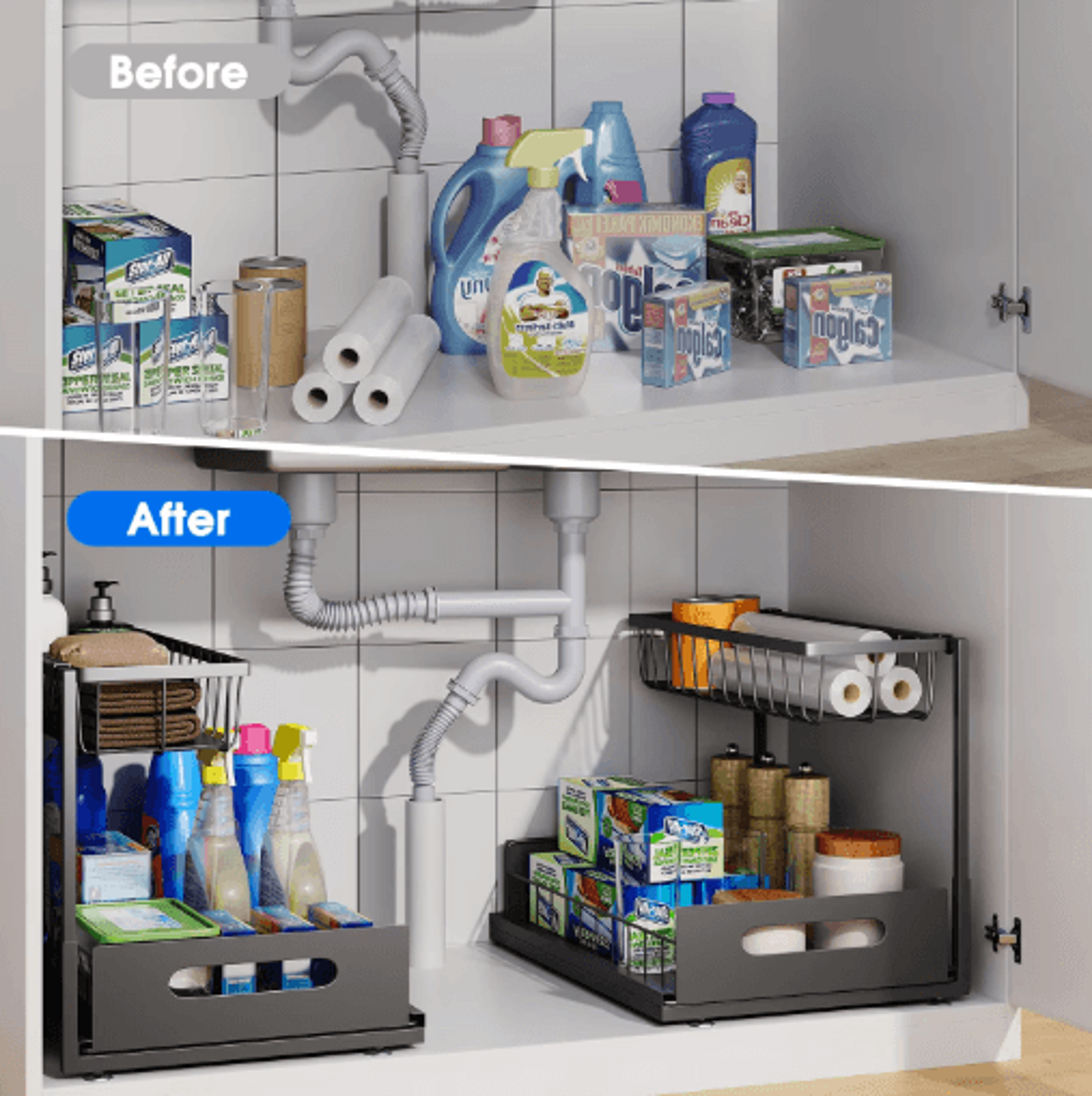 2 tier under sink organizer with sliding pull out cabinet drawers