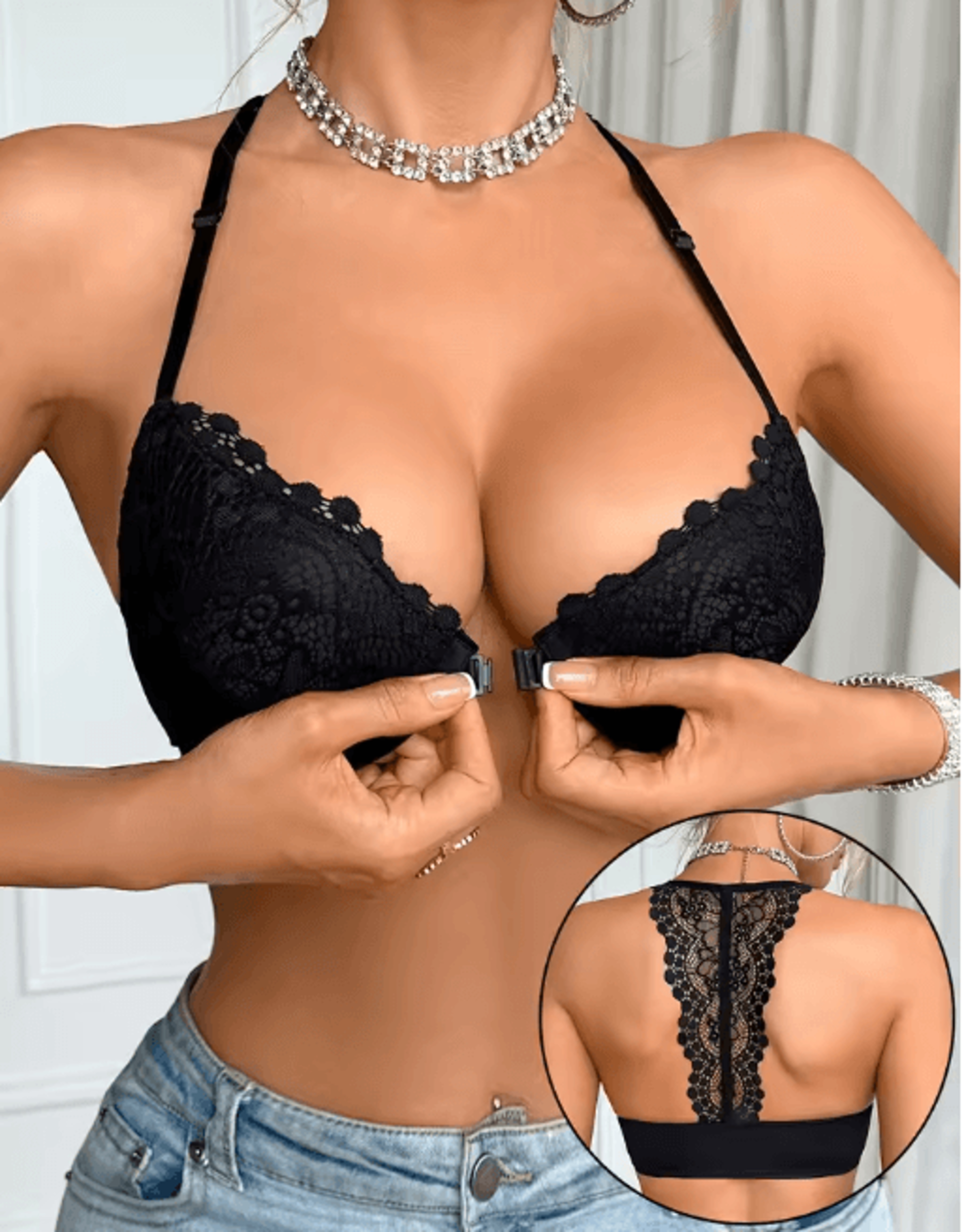 fashion lace splicing front clasp push up bra for women