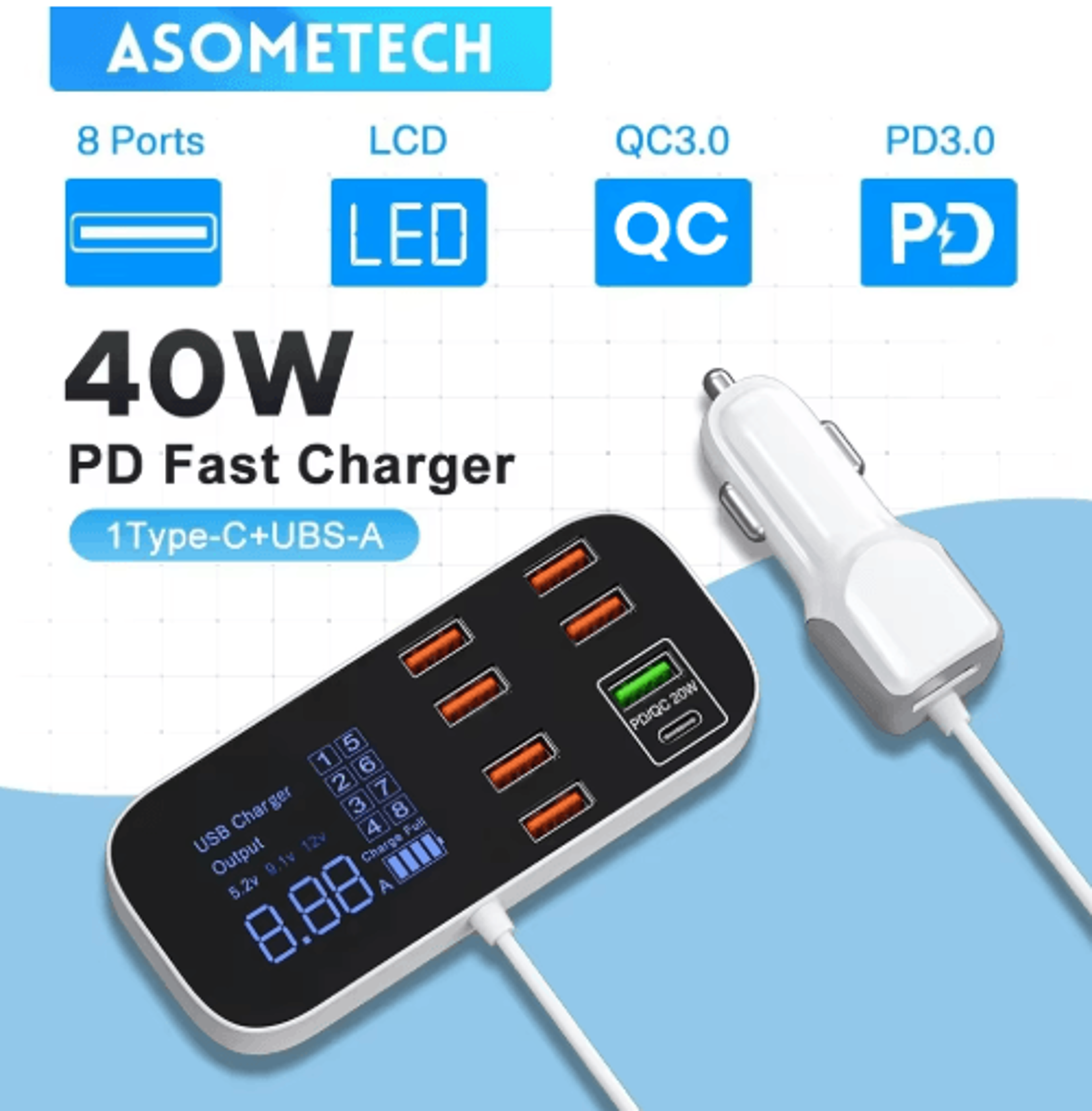 40w 8 port usb car charger with qc3.0, pd type c & led display