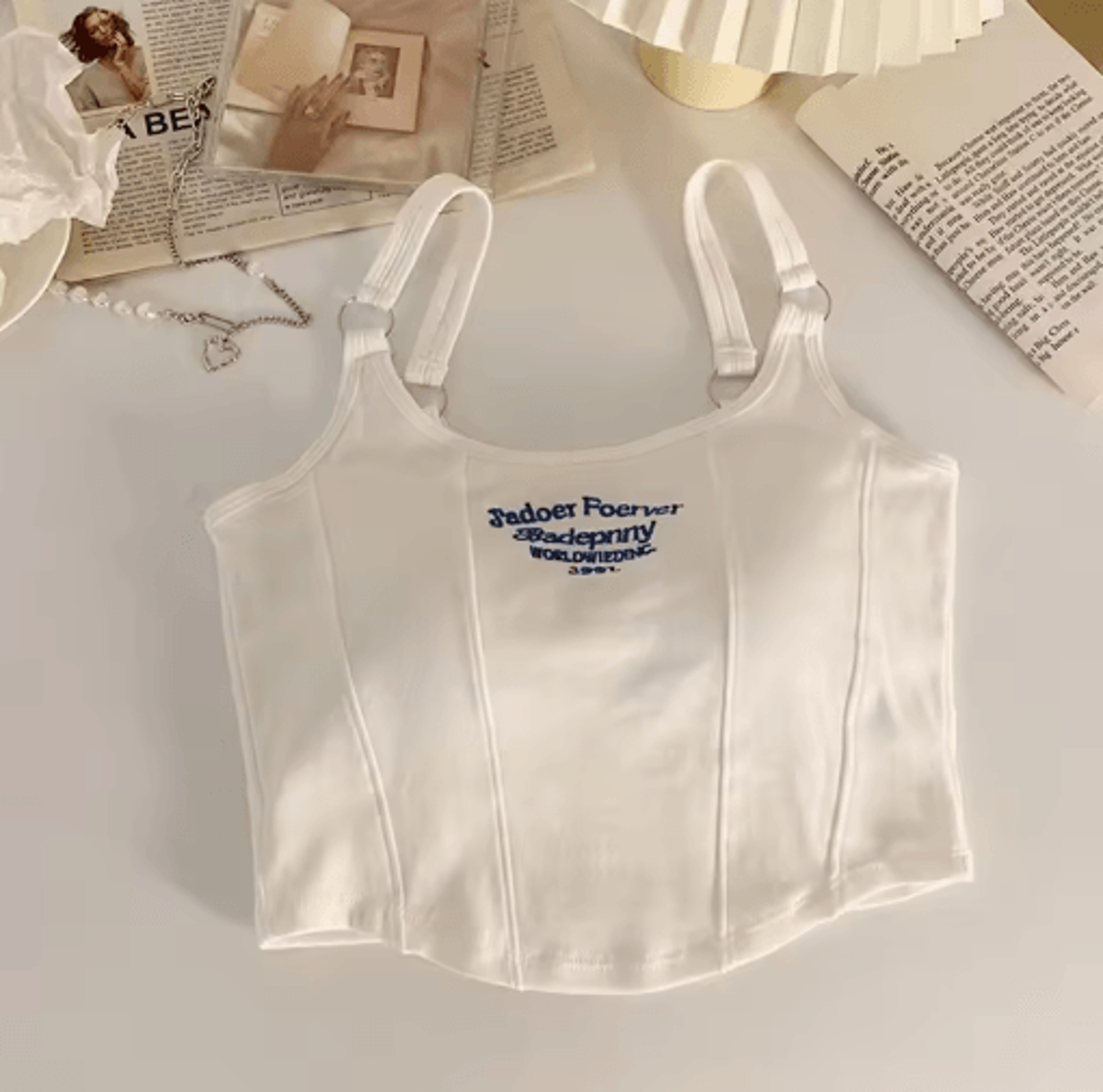womens embroidered letter crop top with bra pad and iron ring detail