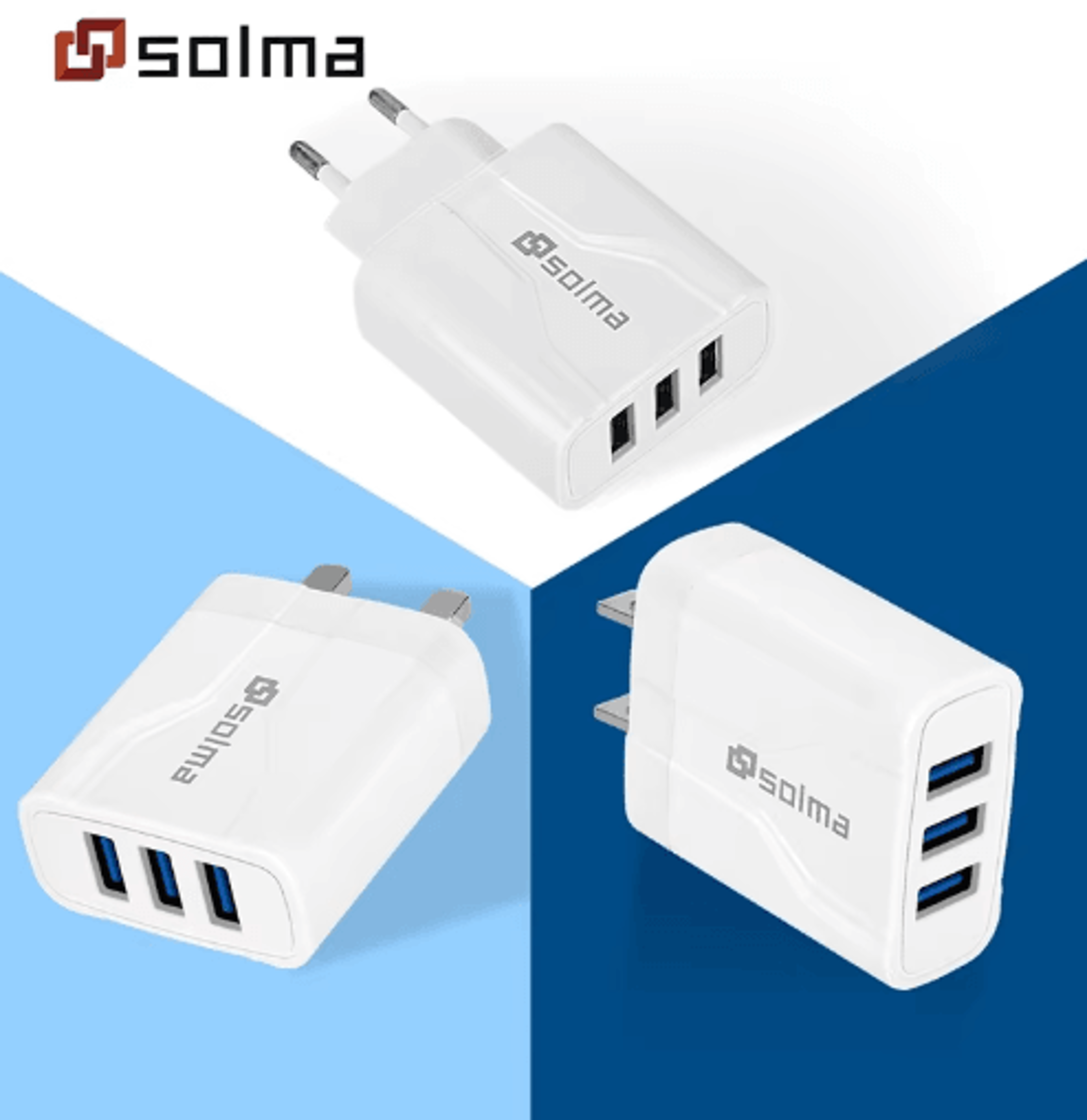 universal 3 port usb travel charger with eu us uk plug