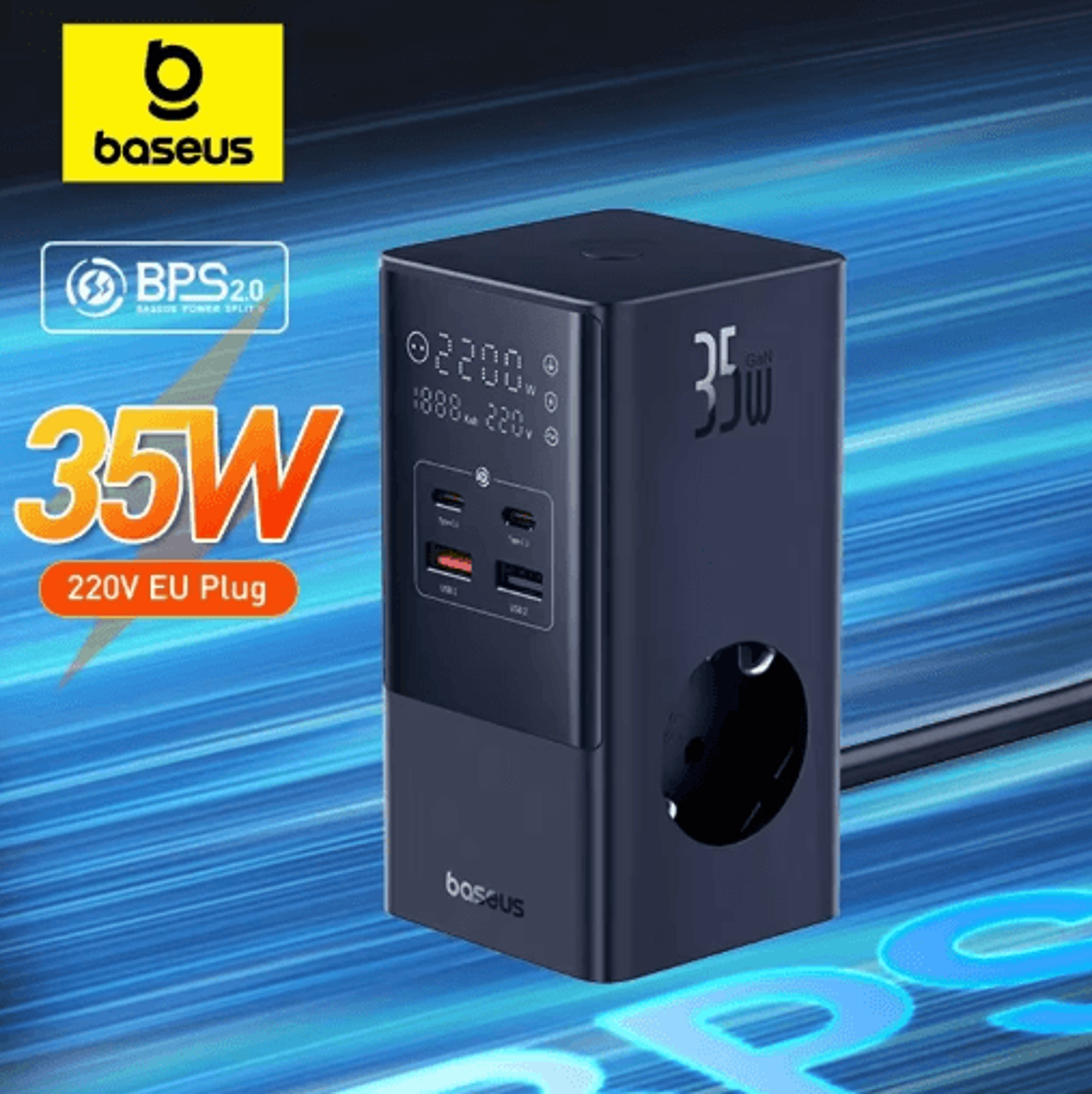baseus 35w 7 in 1 desktop charging station with 1200j surge protector and digital display
