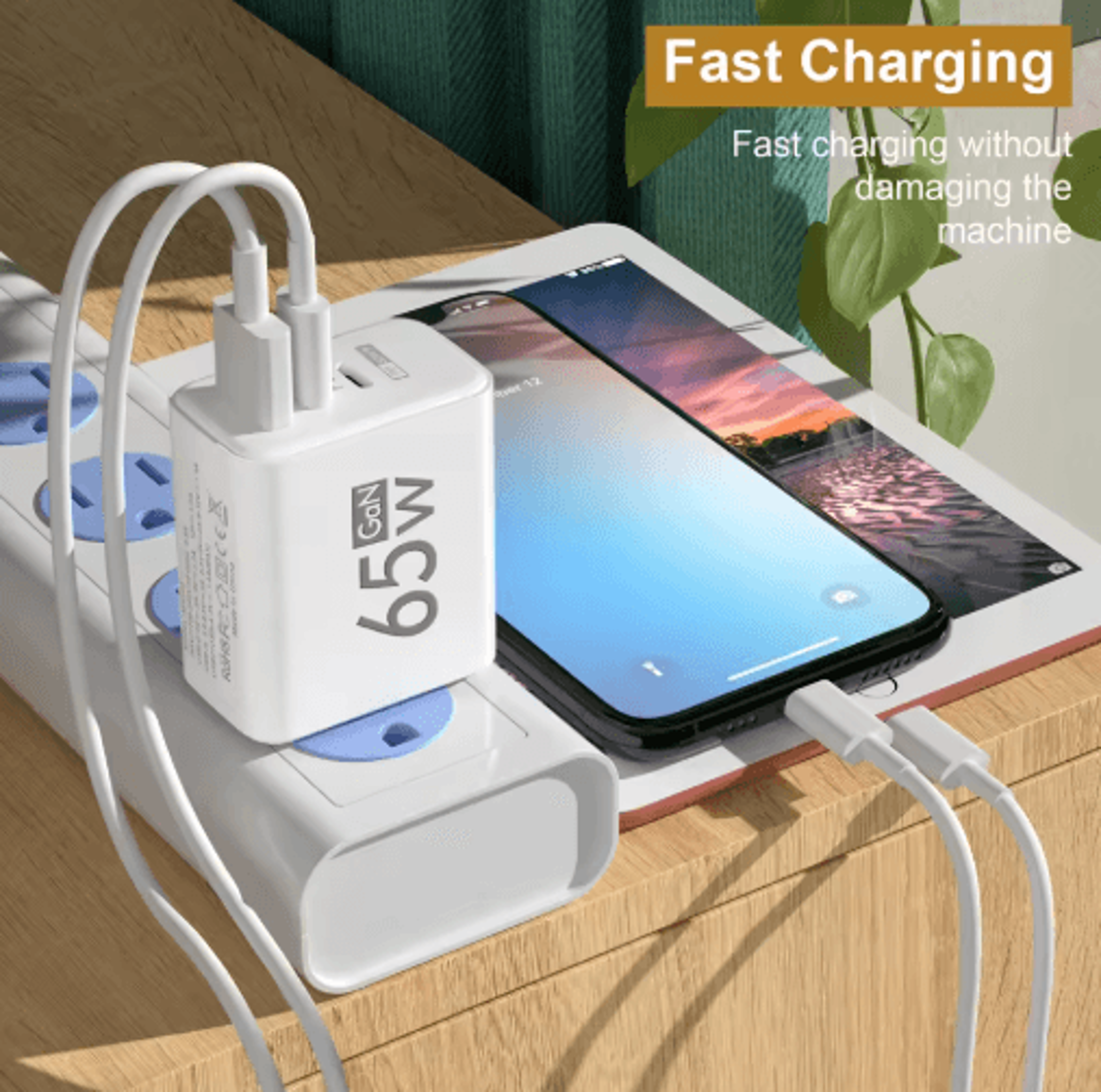 65w gan 3 port fast wall charger with pd usb-c and quick charge 3.0