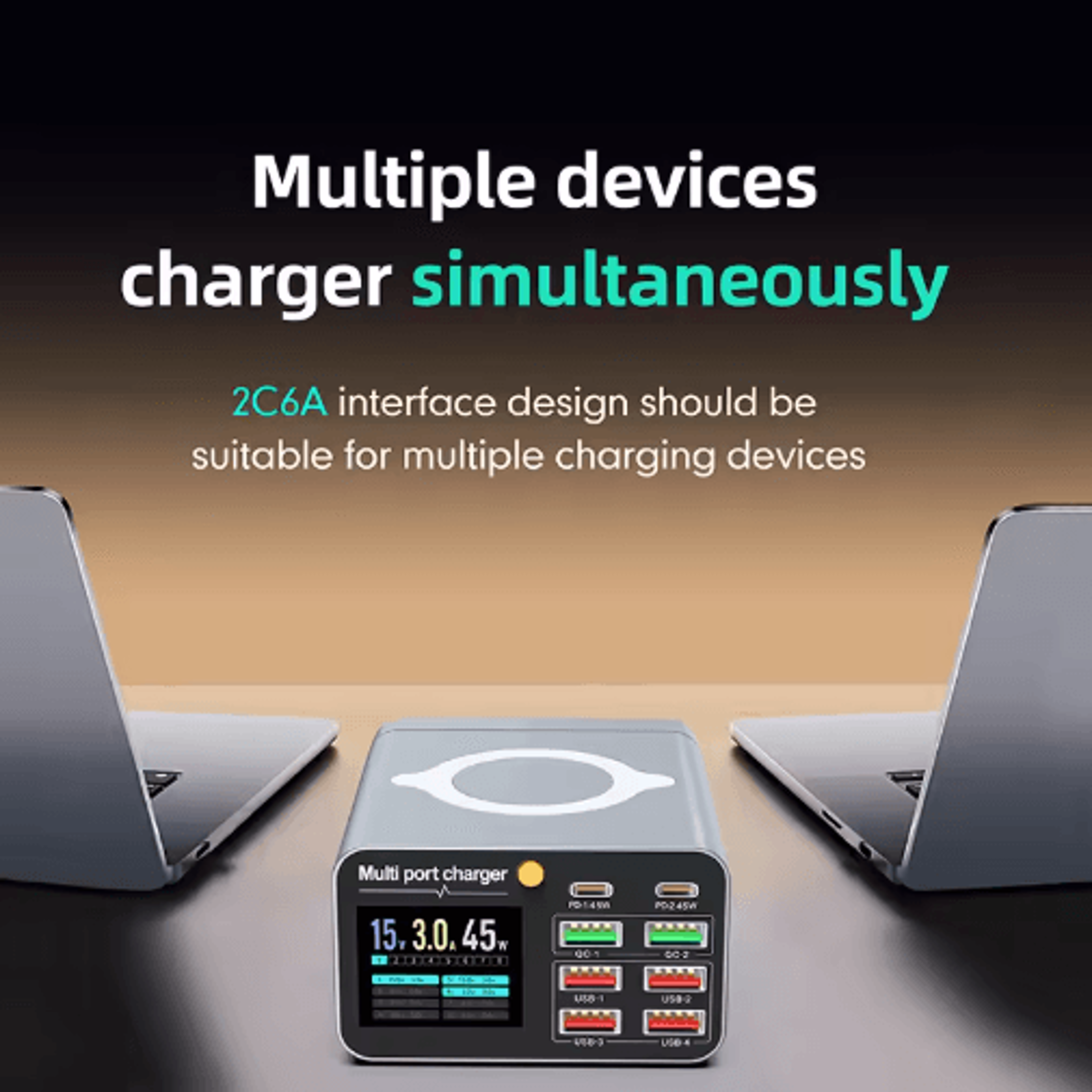 120w 8 port usb-c desktop charging station with wireless charger and digital display