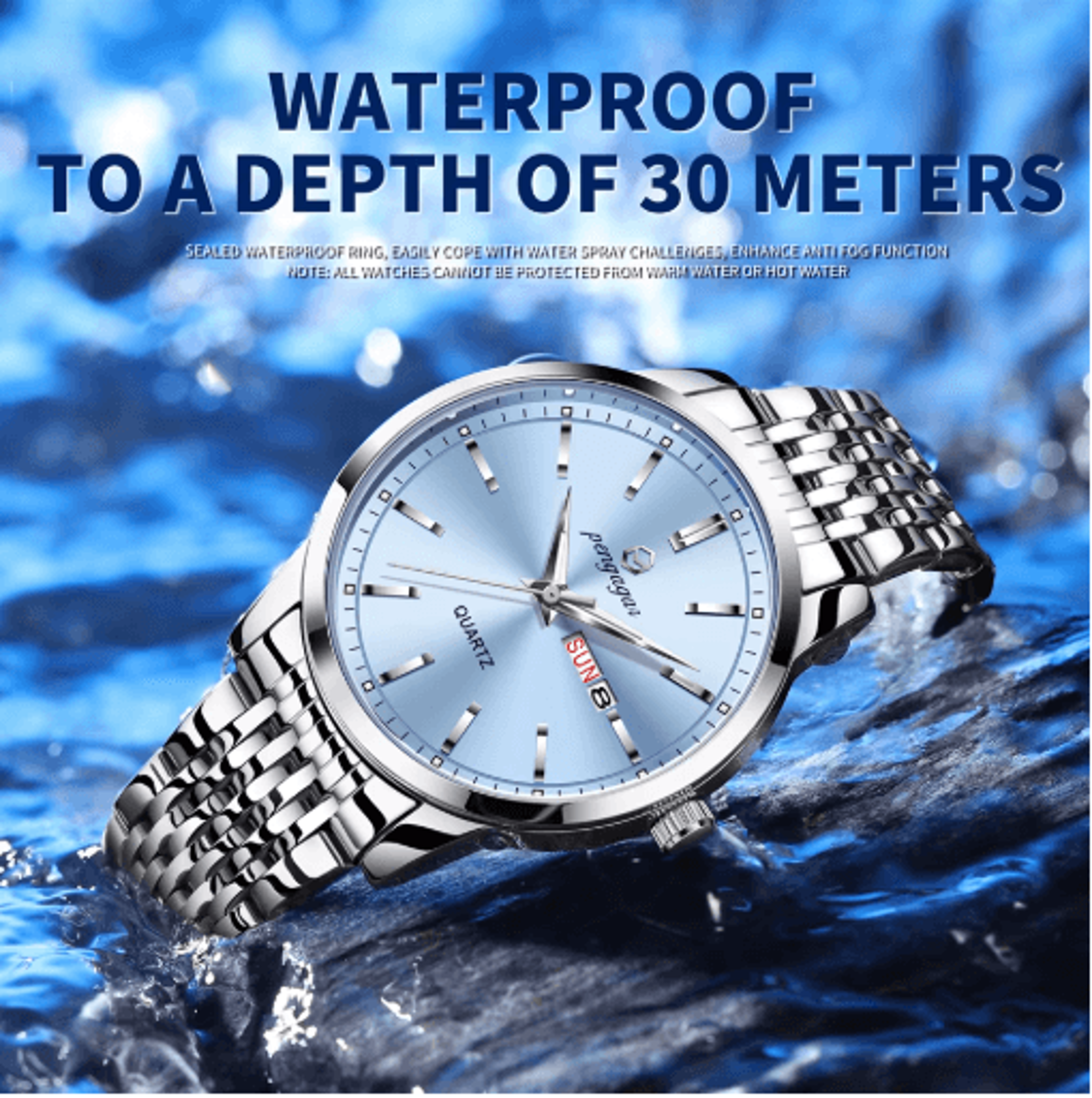 pengagar luxury stainless steel quartz watch for men with date and week