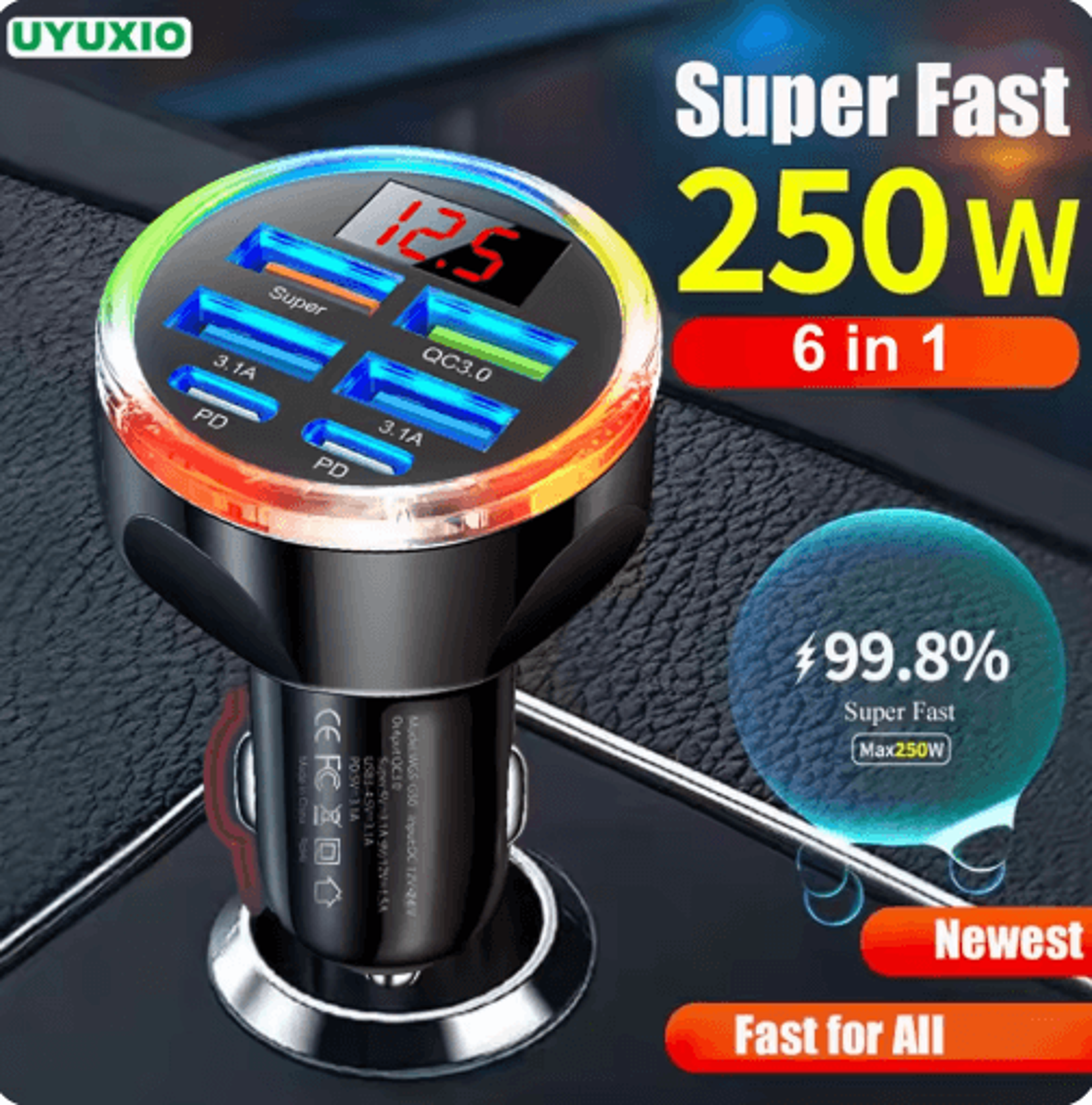uyuxio 6- n 1 multi port usb c car charger with voltage display dual pd usb c fast car charging adapter