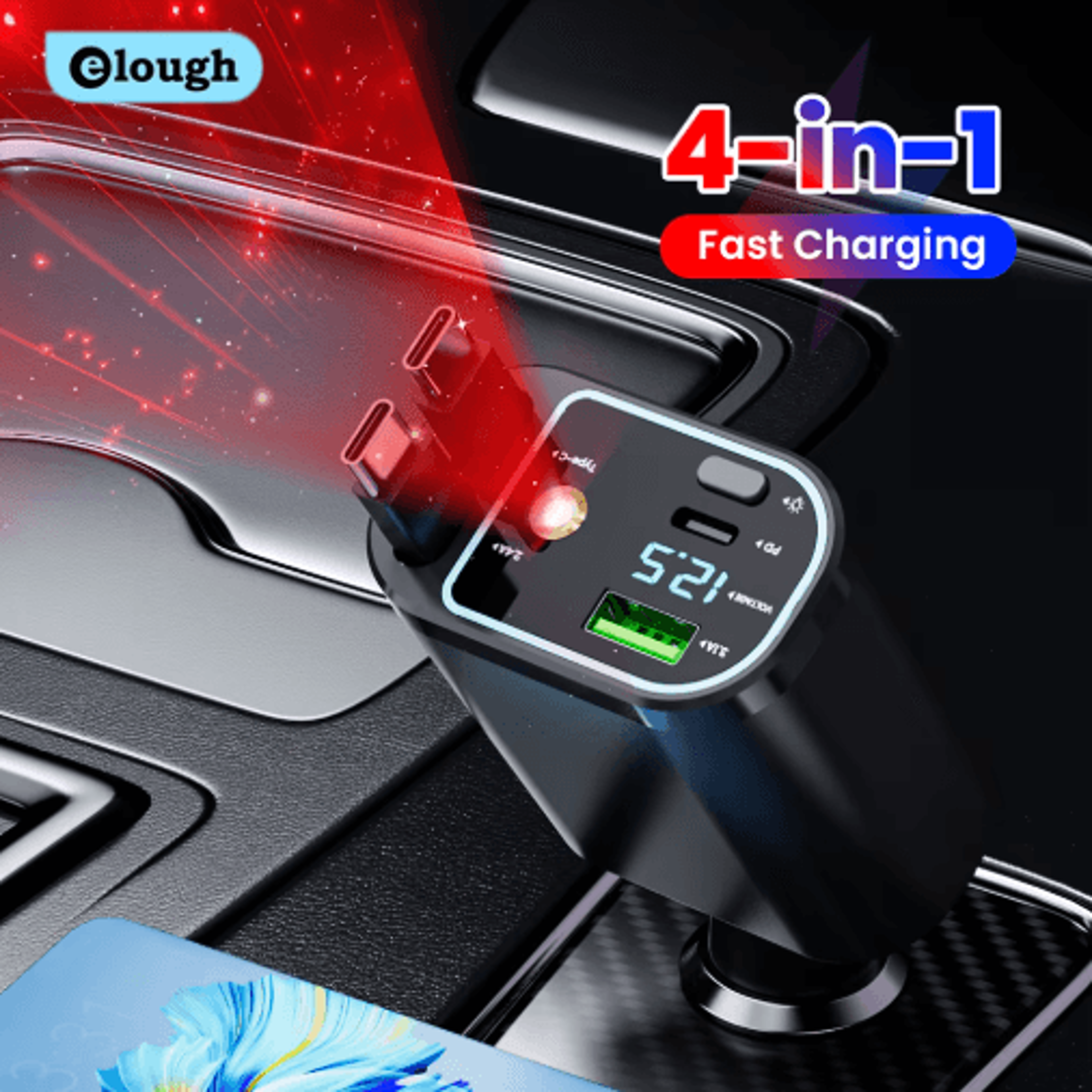 4 in 1 car charger with dual retractable cables – usb c car fast charger with star lights