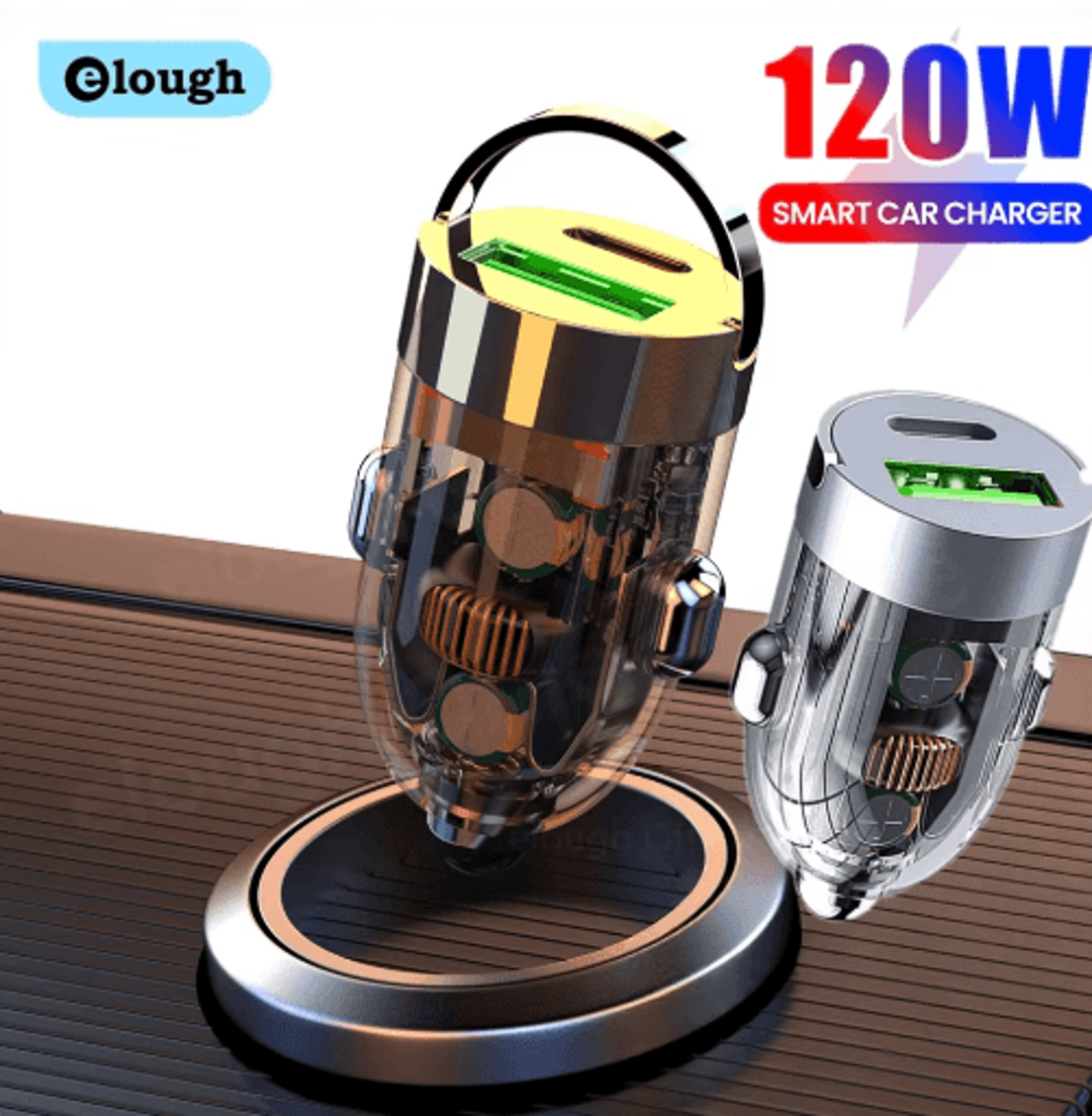 elough 120w transparent car charger qc3.0 usb type c quick charge adapter