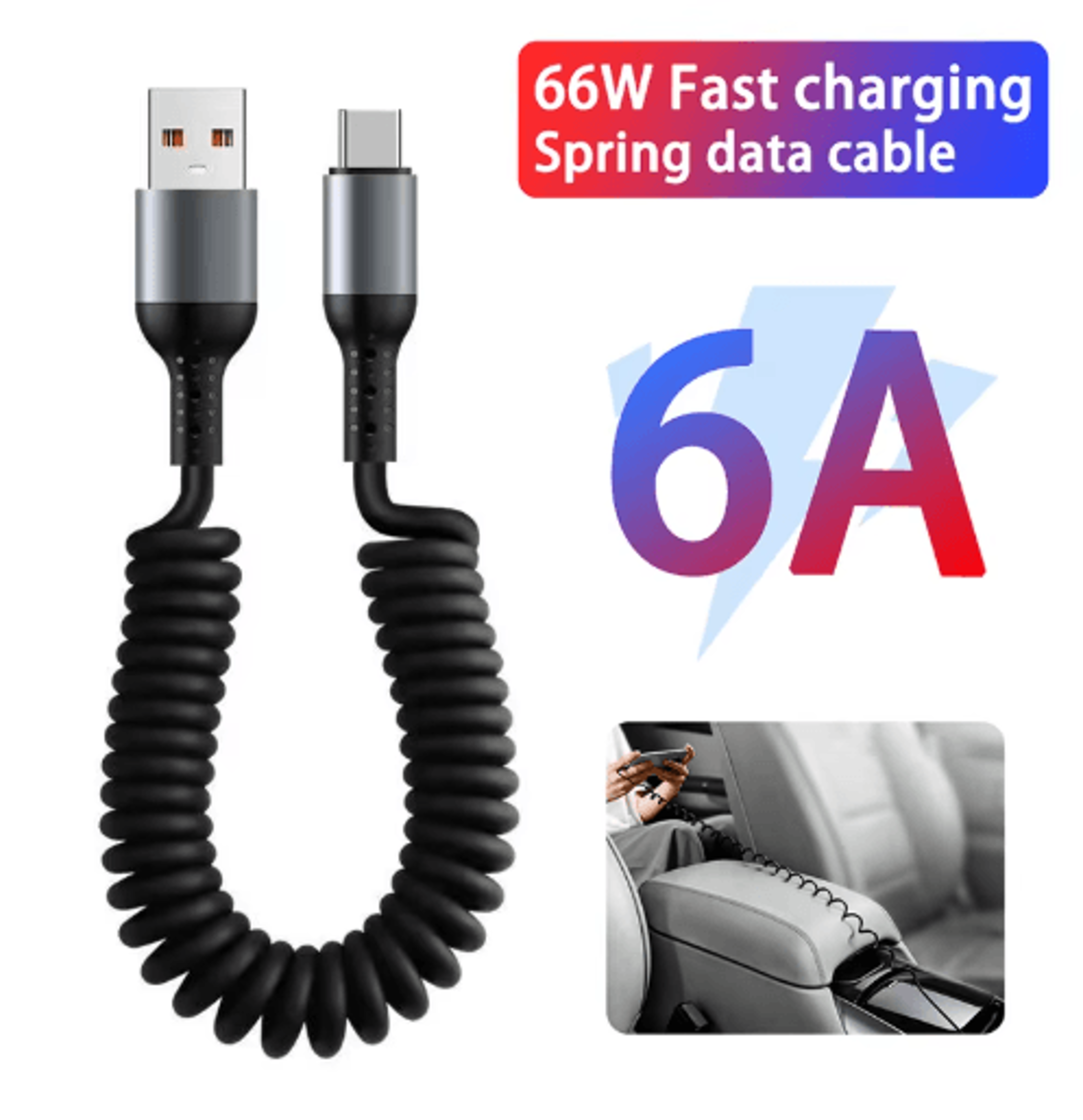 66w 5a usb c fast charging spring car cable – portable type c data cable