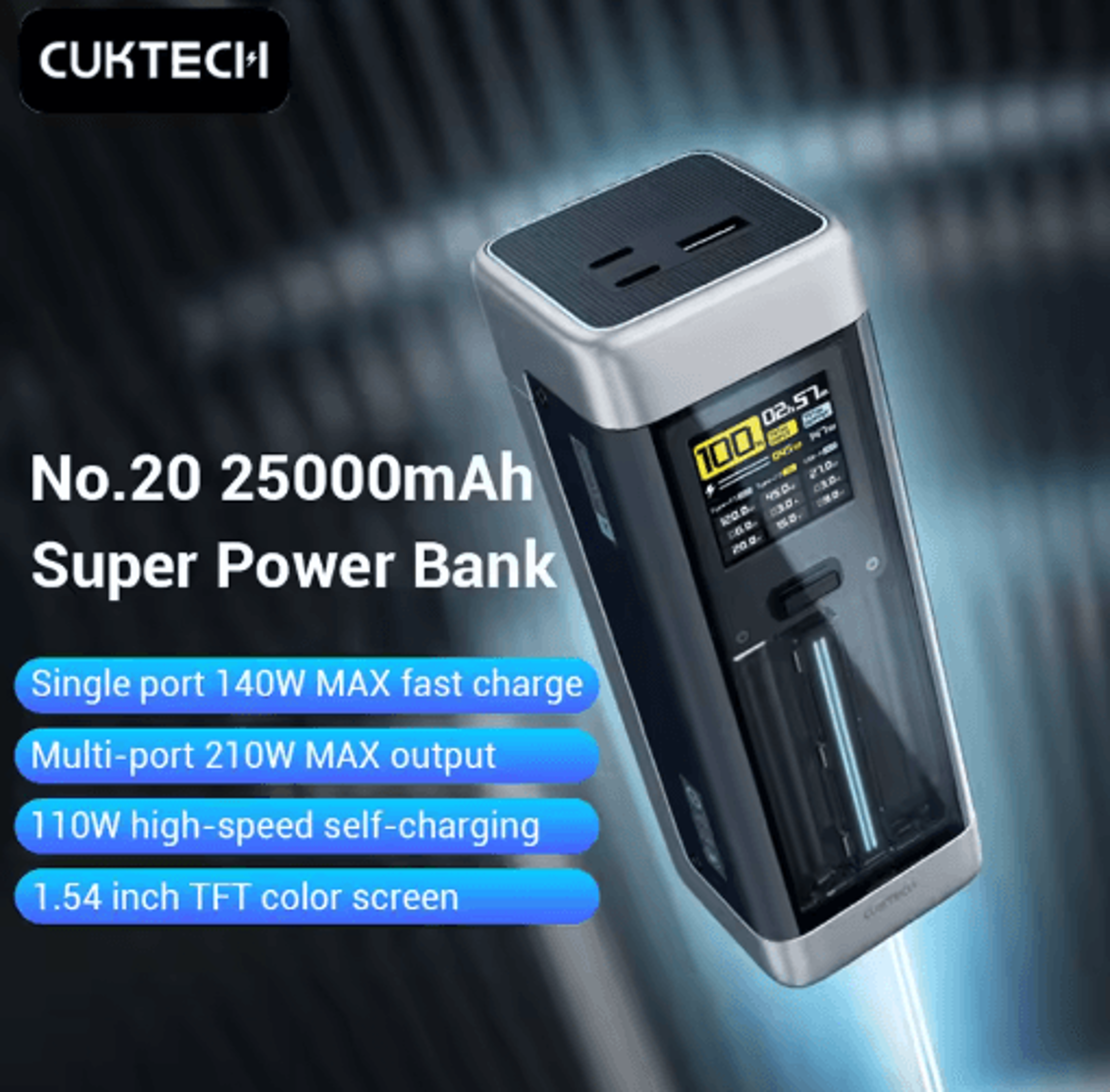 cuktech no.20 25000mah 210w power bank with 140w usb c – 3 port portable charger
