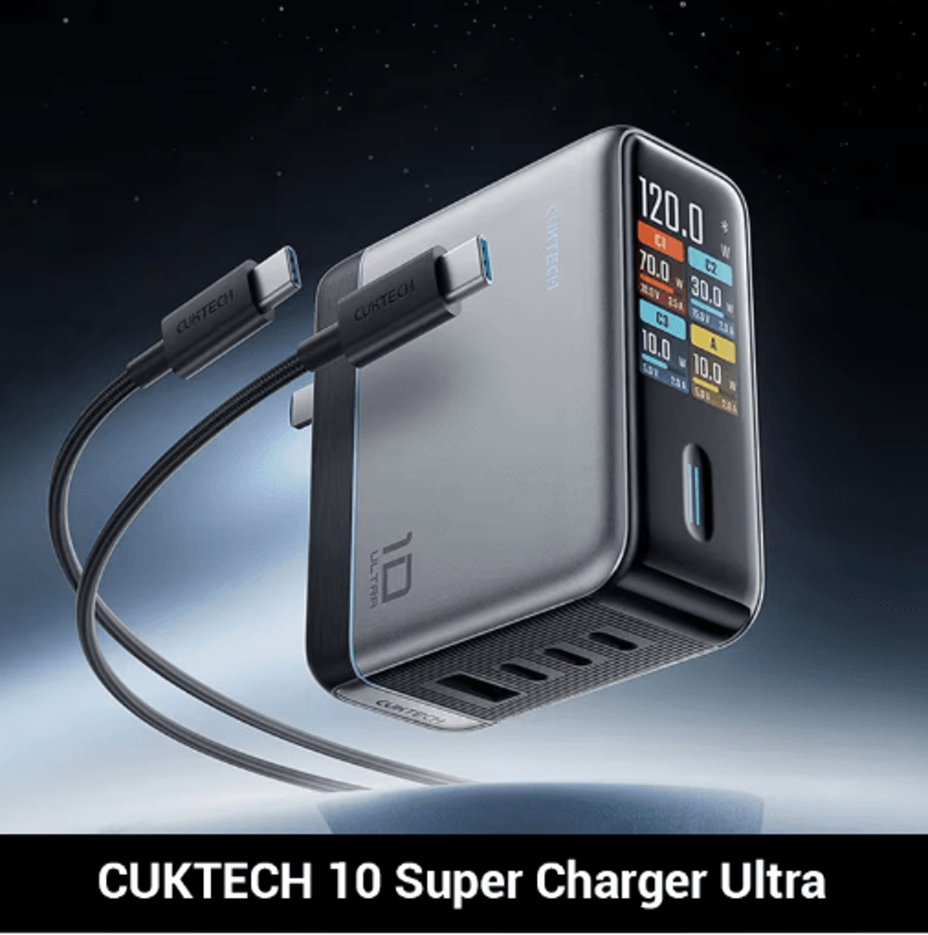 cuktech 10 ultra 120w multi-port fast charging usb-c wall charger with smart display