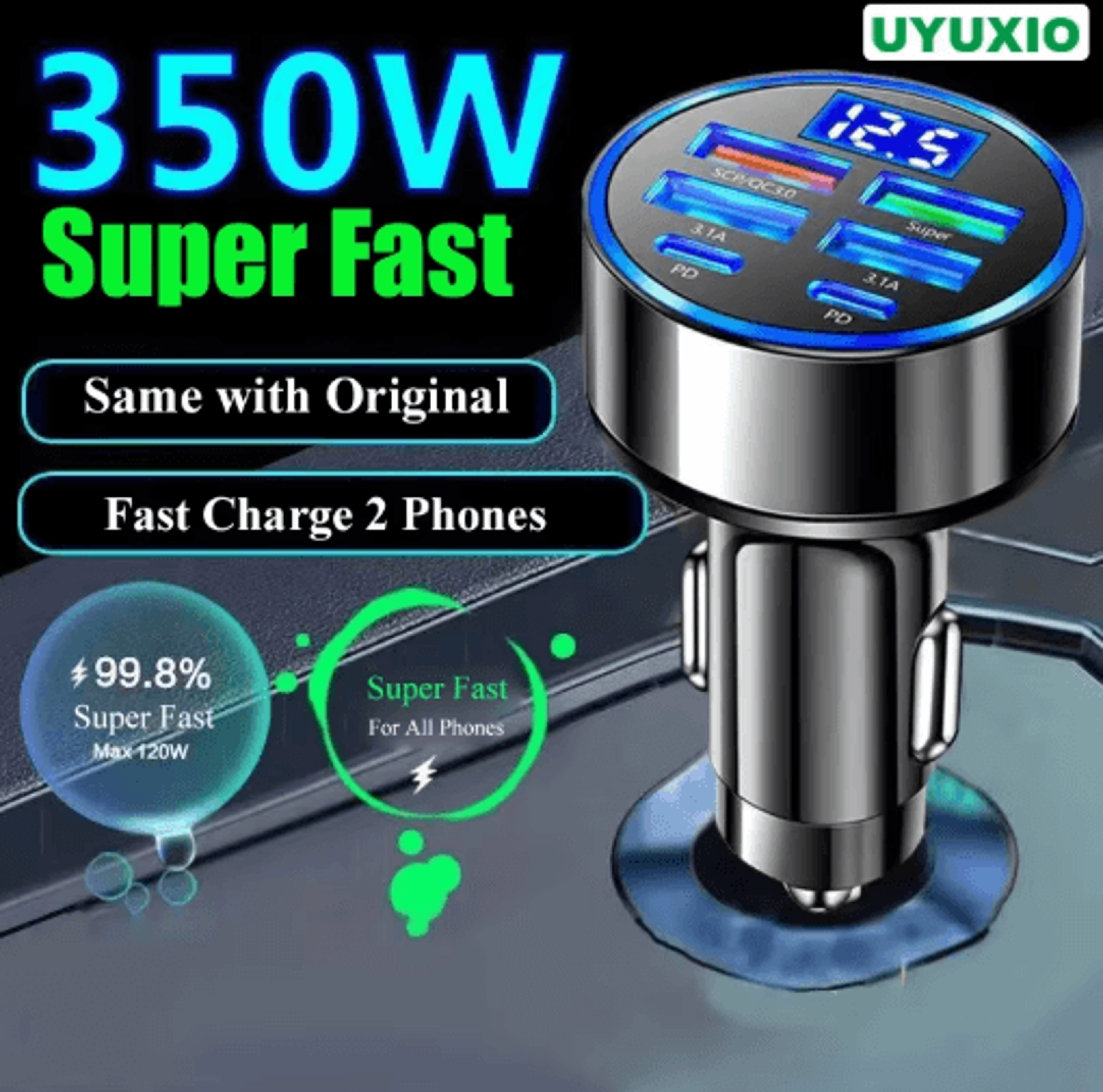uyuxio 6-in-1 super fast usb-c car charger with voltage display pd power adapter for iphone & android