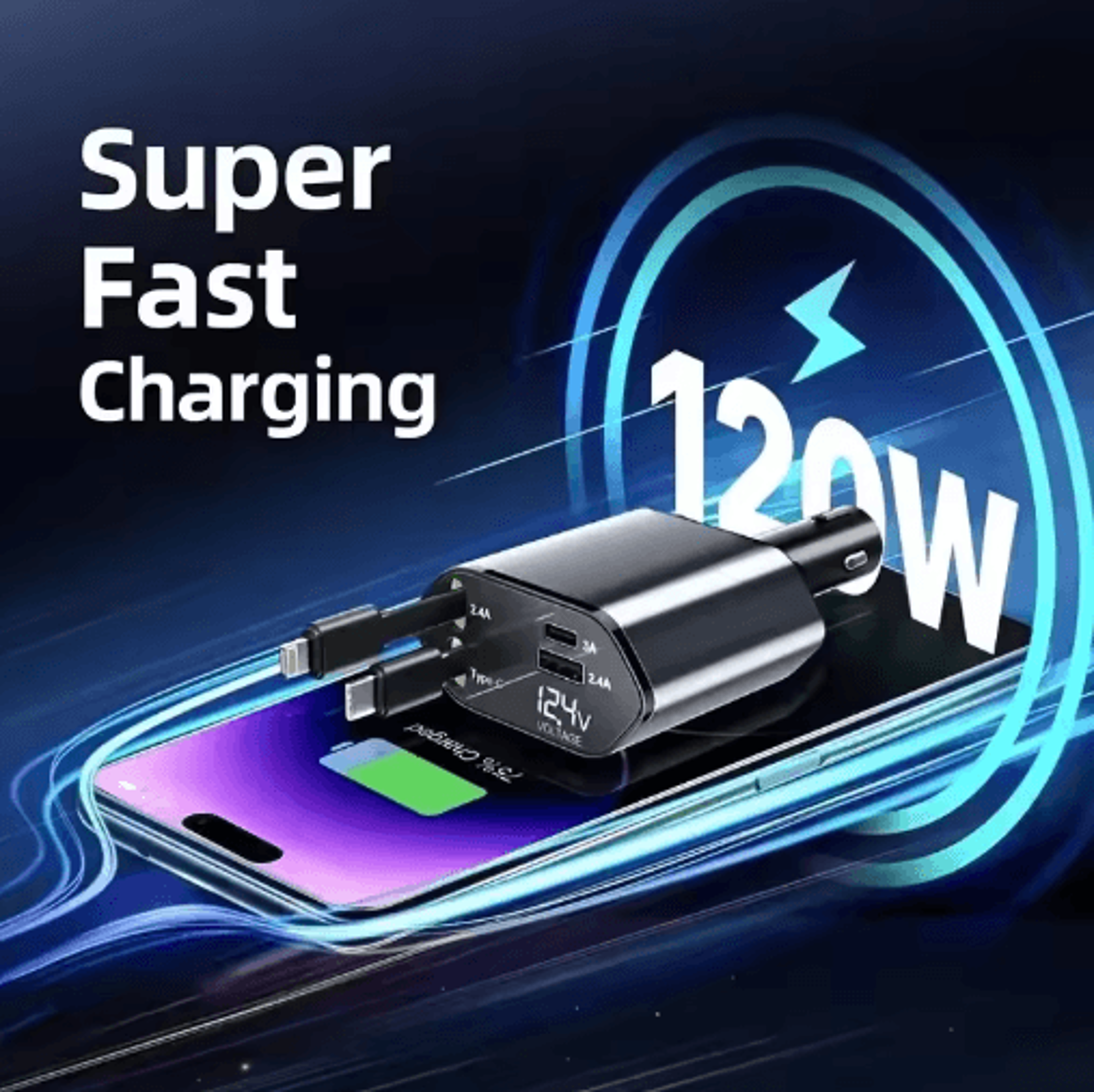 4-in-1 120w retractable usb-c car charger adapter with fast charging cables