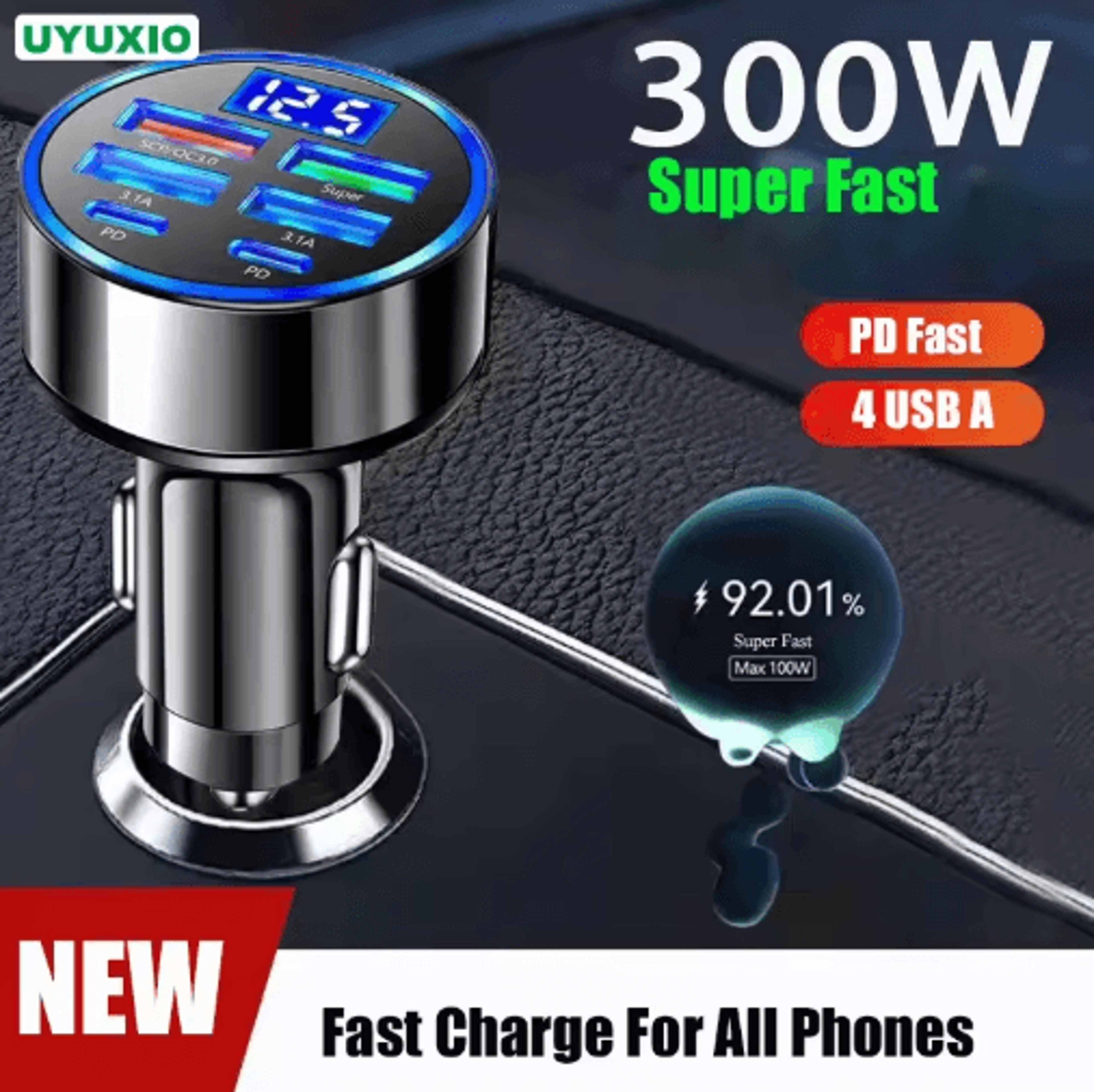 uyuxio 6-in-1 usb-c car charger with dual pd & voltage display – super fast charging adapter