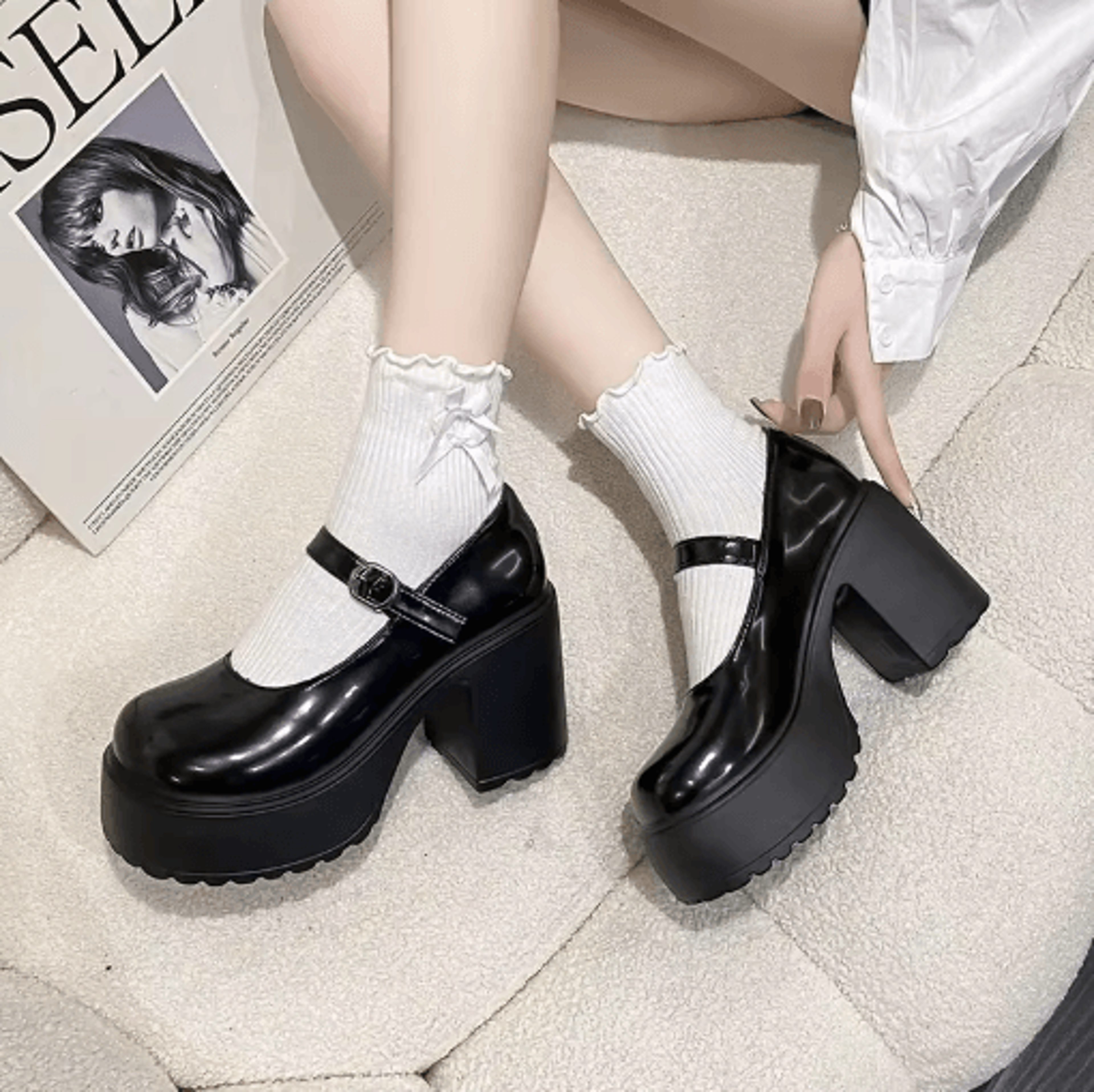 black goth chunky platform mary jane heels with ankle buckle plus size 42