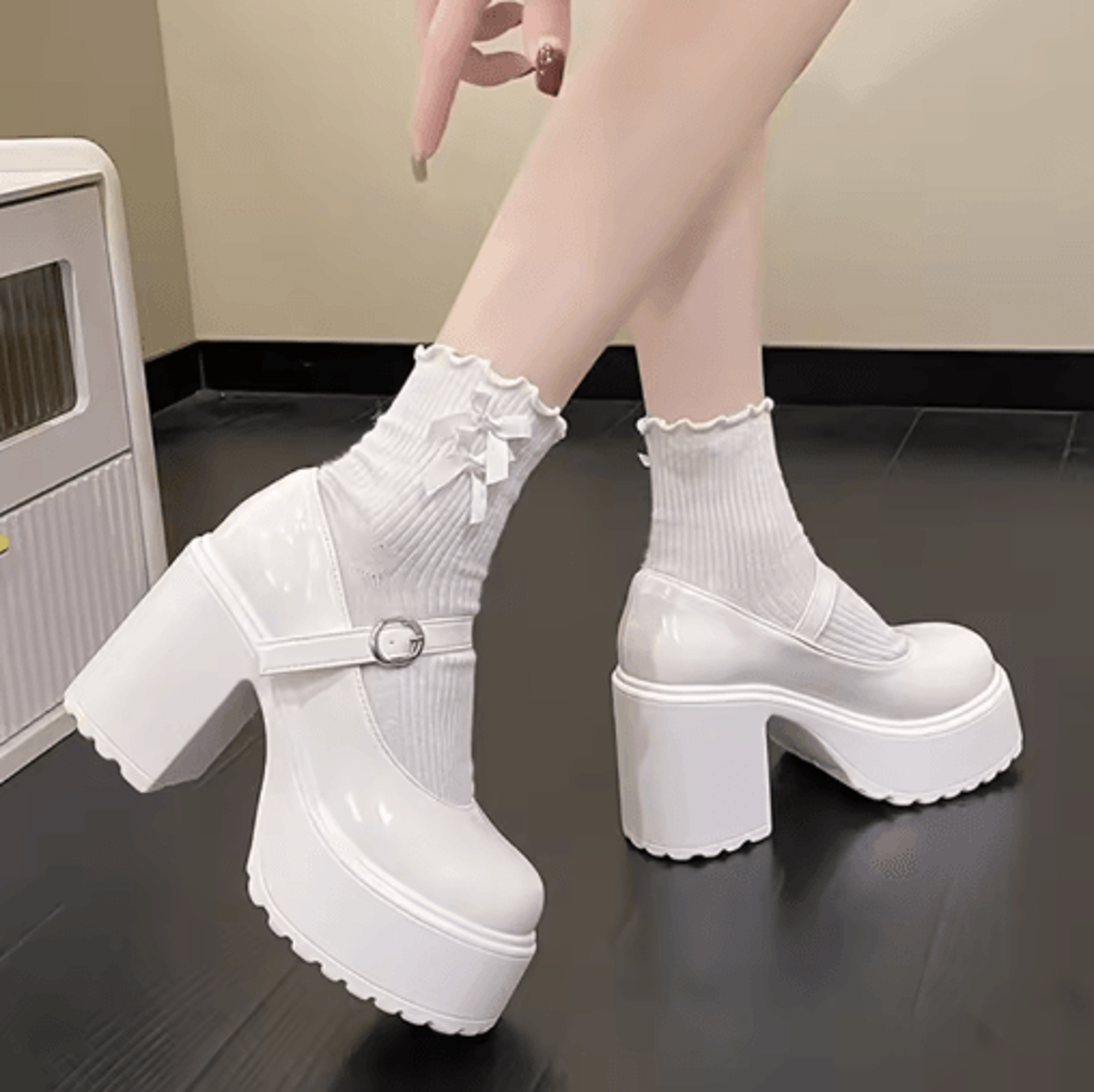 white pu leather chunky platform mary jane heels with ankle buckle