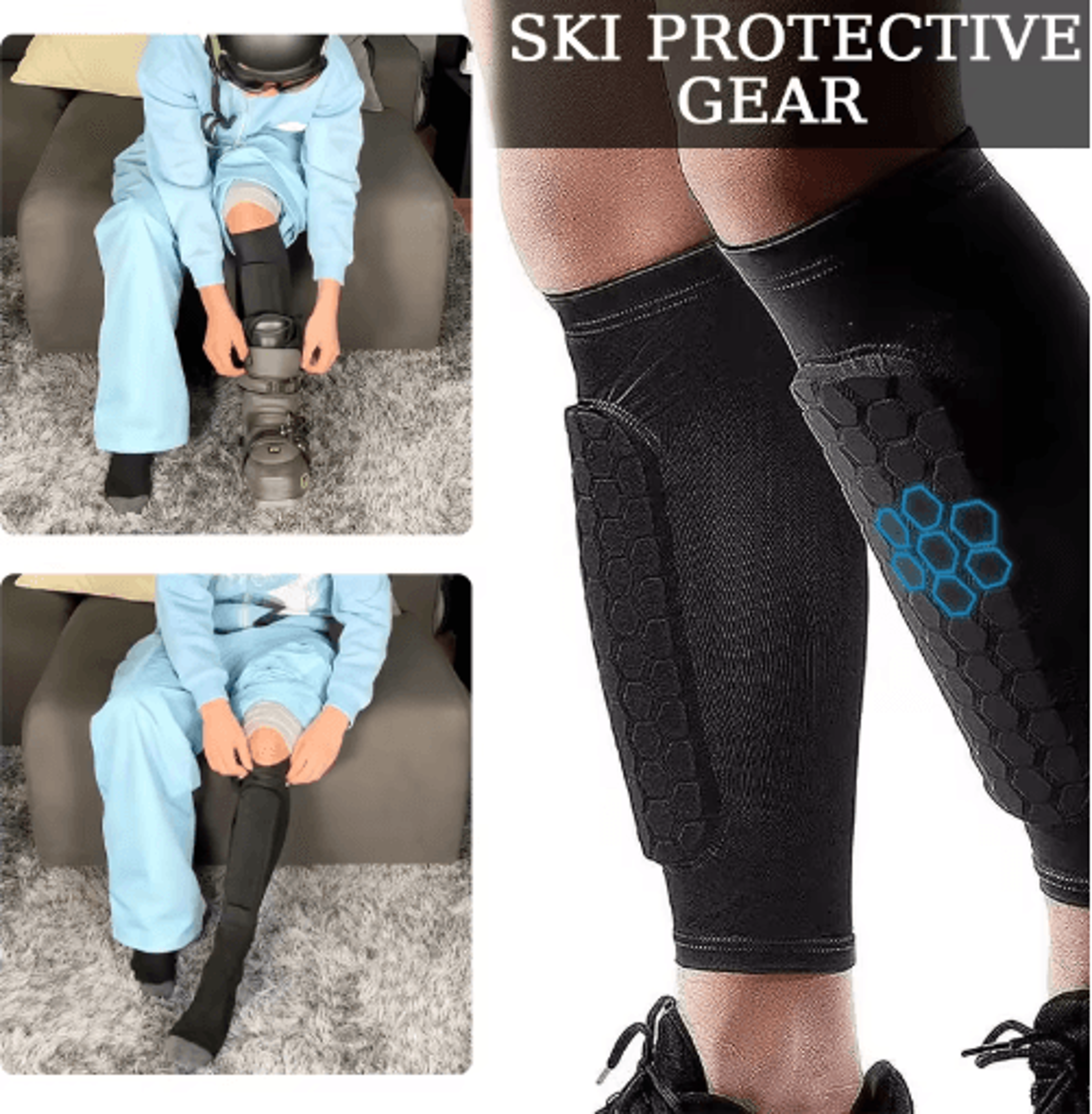eva padded ski shin guard sleeves impact absorbing calf & boot bite protector pair