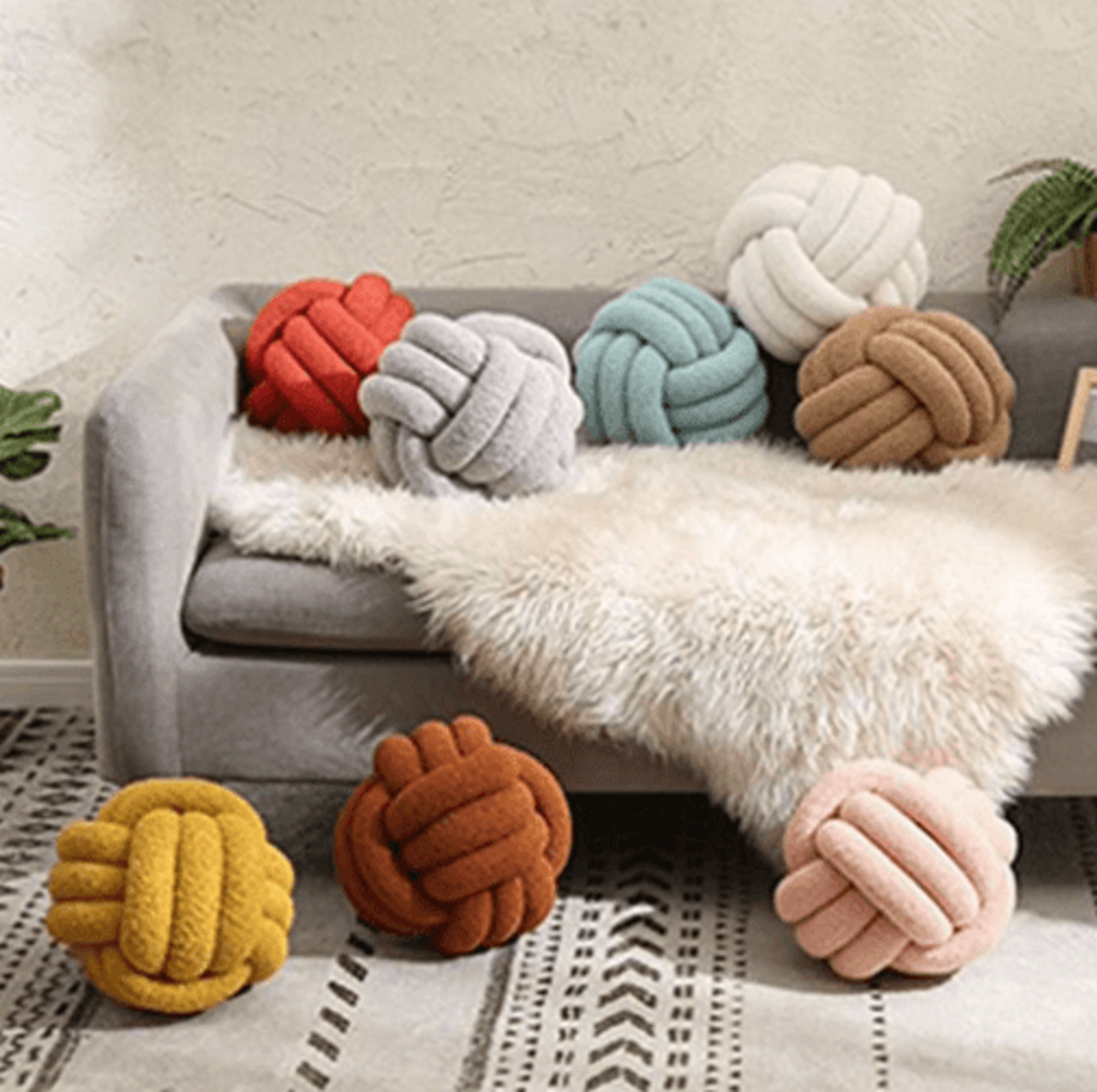 handwoven knotted ball pillow – eco friendly decorative plush throw cushion