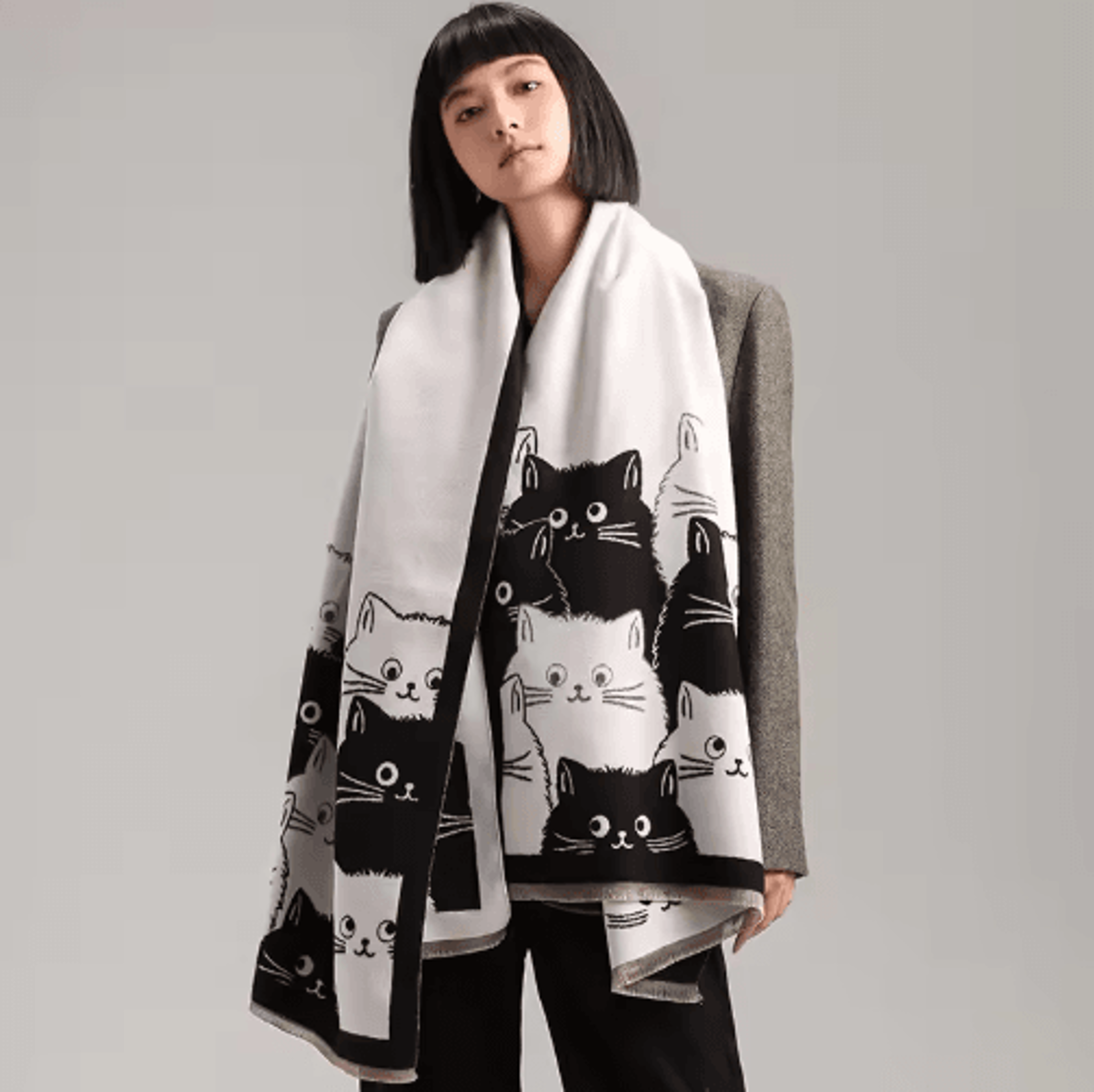 cute cat jacquard pashmina scarf – thick cashmere winter shawl & blanket wrap for women
