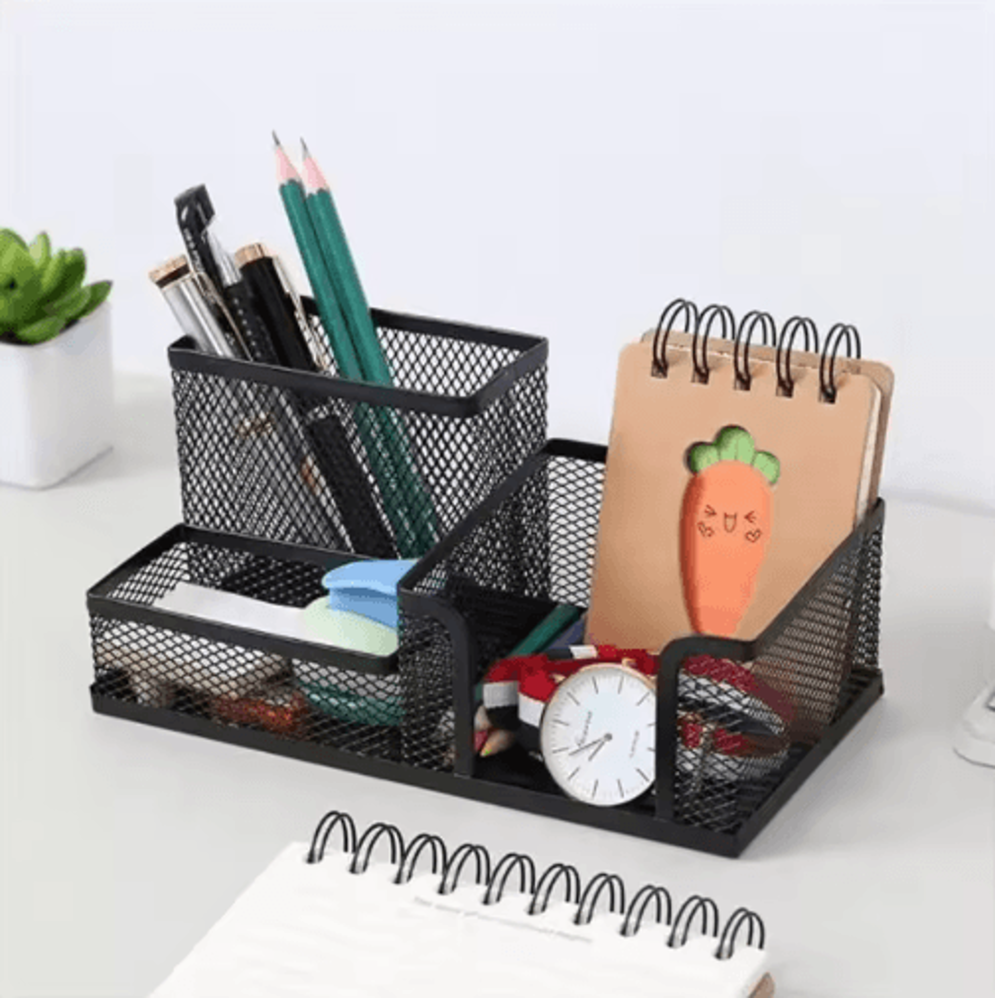 creative metal desk stationery organizer with 3 grid storage box