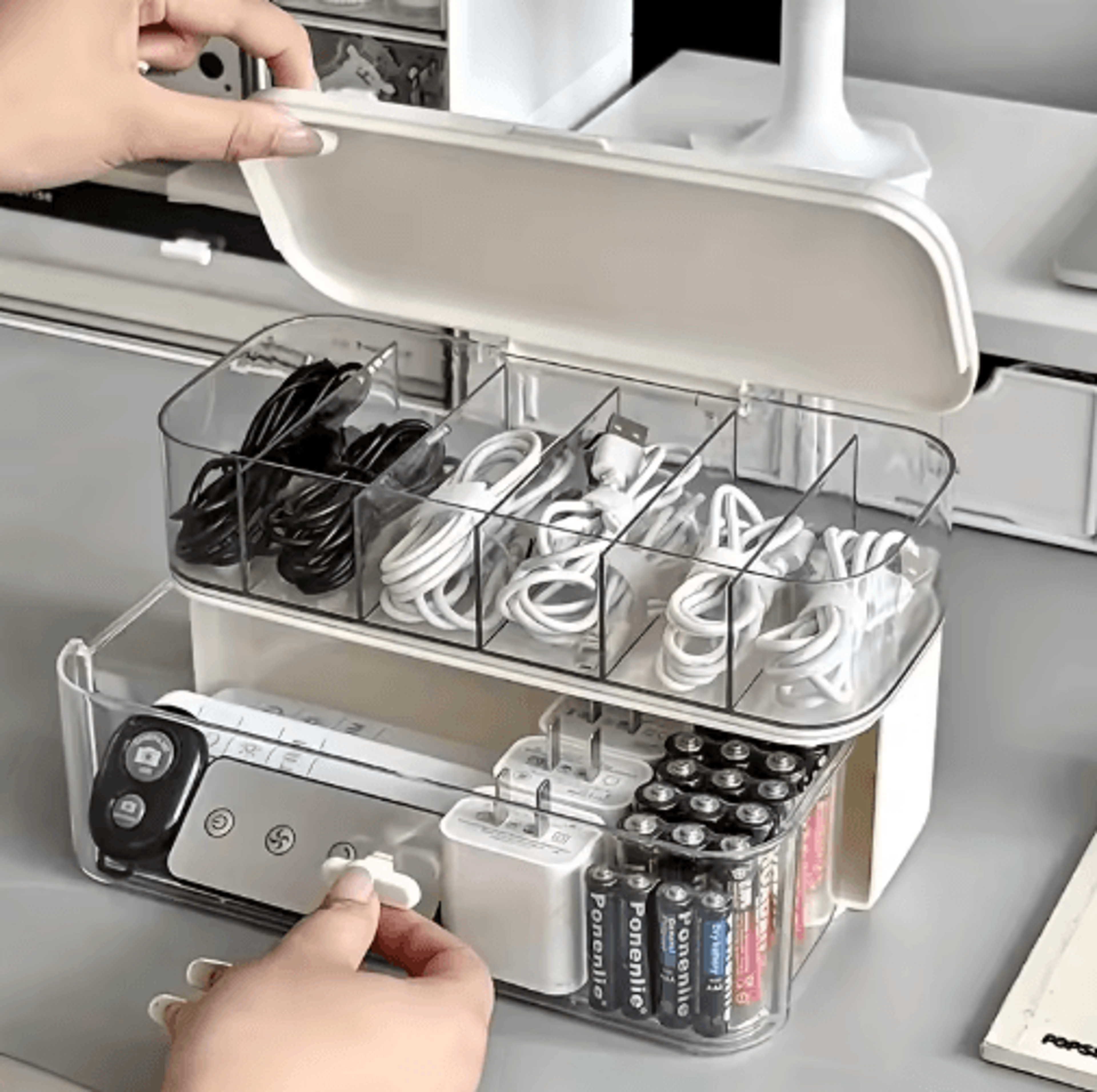 double layer transparent cable organizer desk storage box