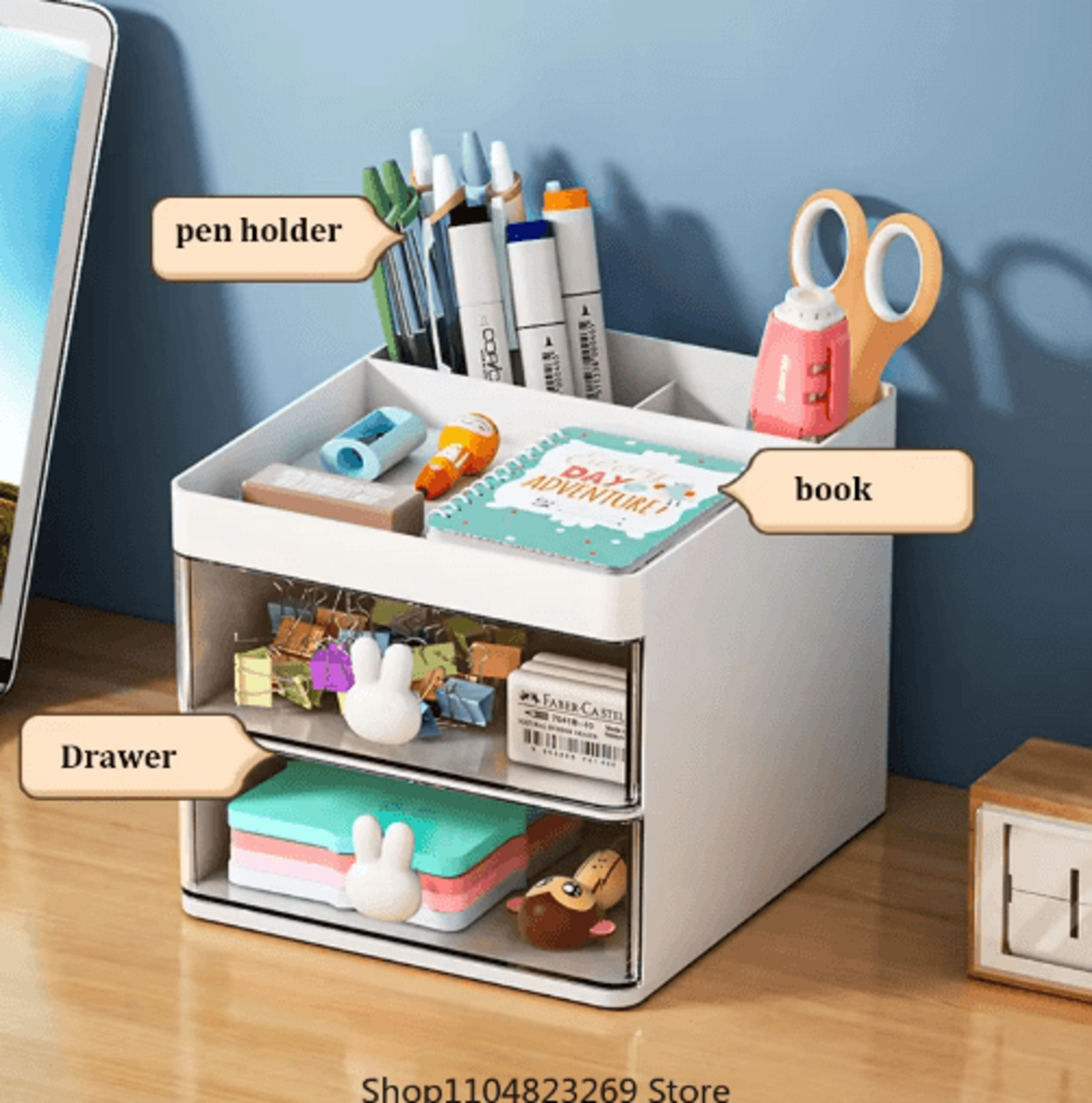 compact small desk organizer with drawer for office and vanity