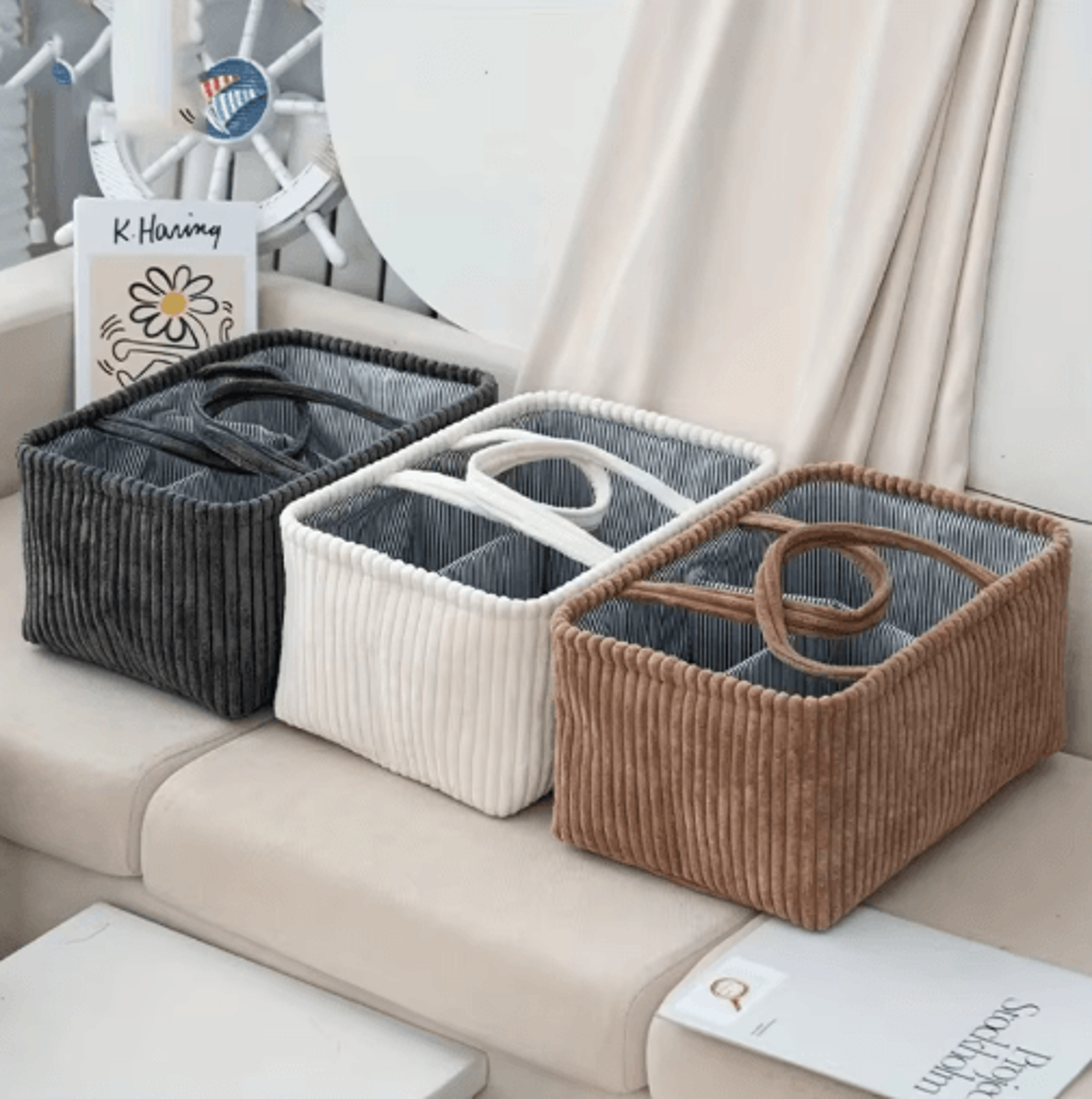 large bohemian woven storage basket with multi compartment organizer