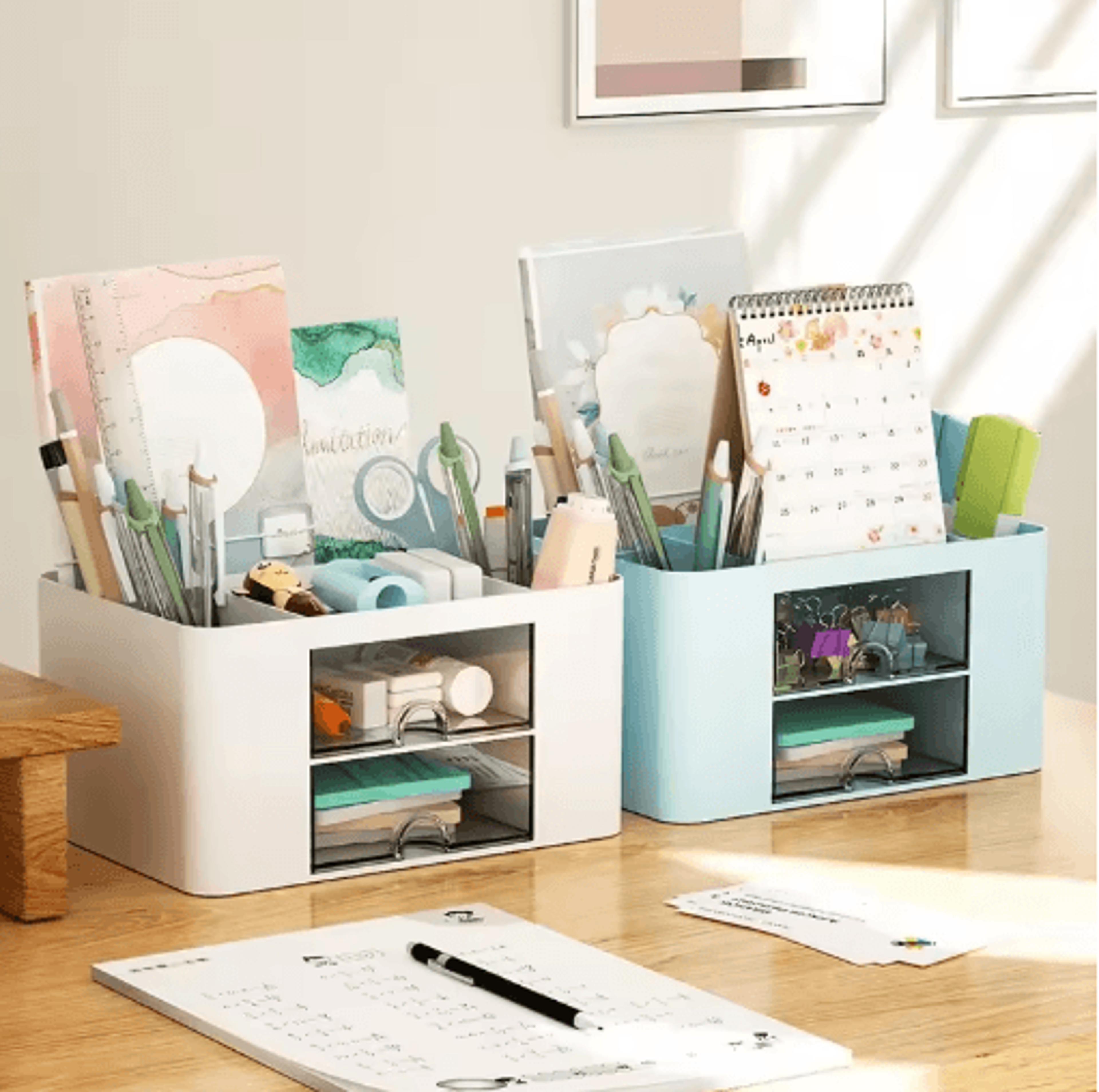drawer type stationery storage box with multiple compartments and dust protection
