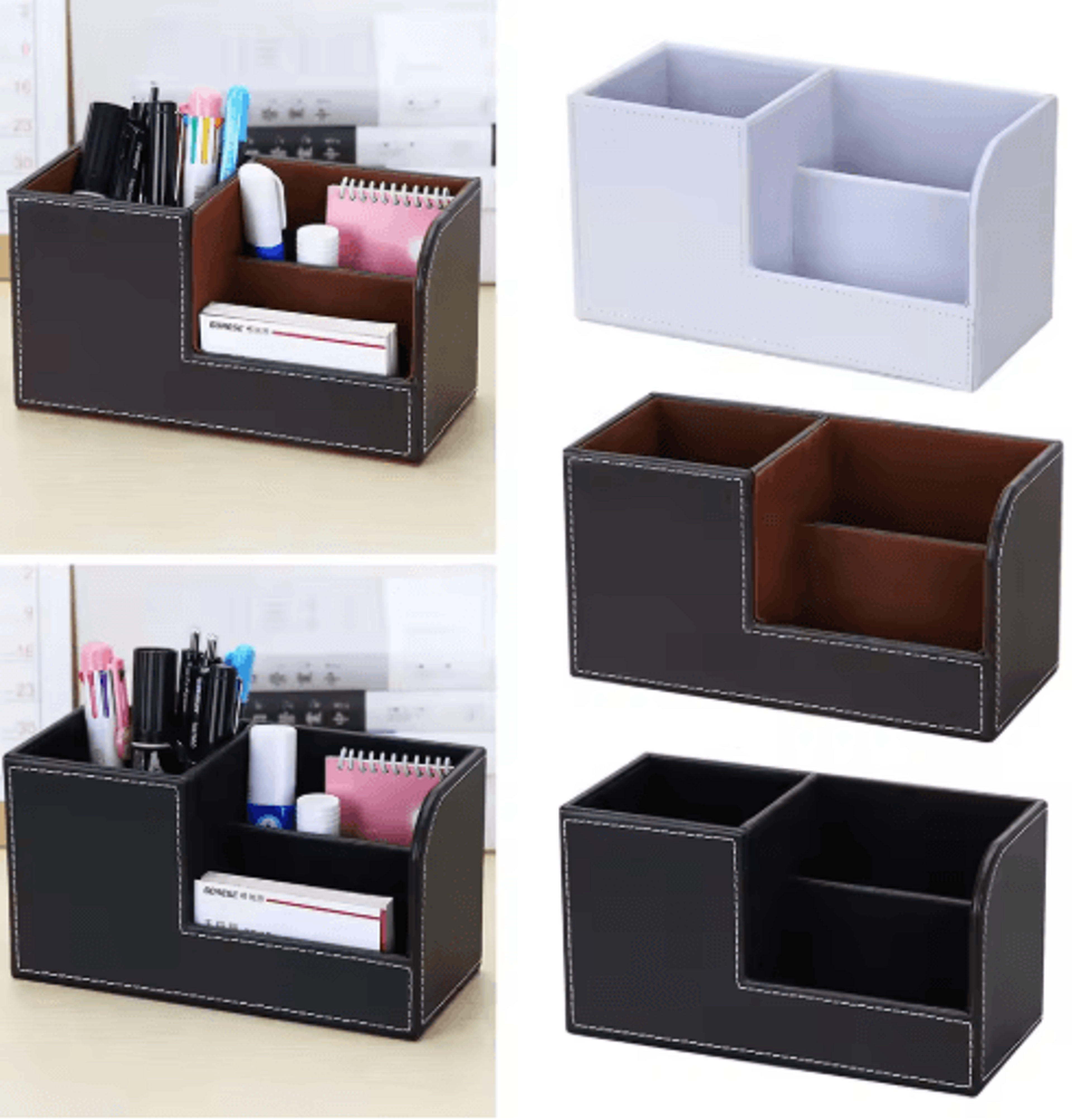 high grade pu leather desk organizer with 3 compartment pen holder caddy