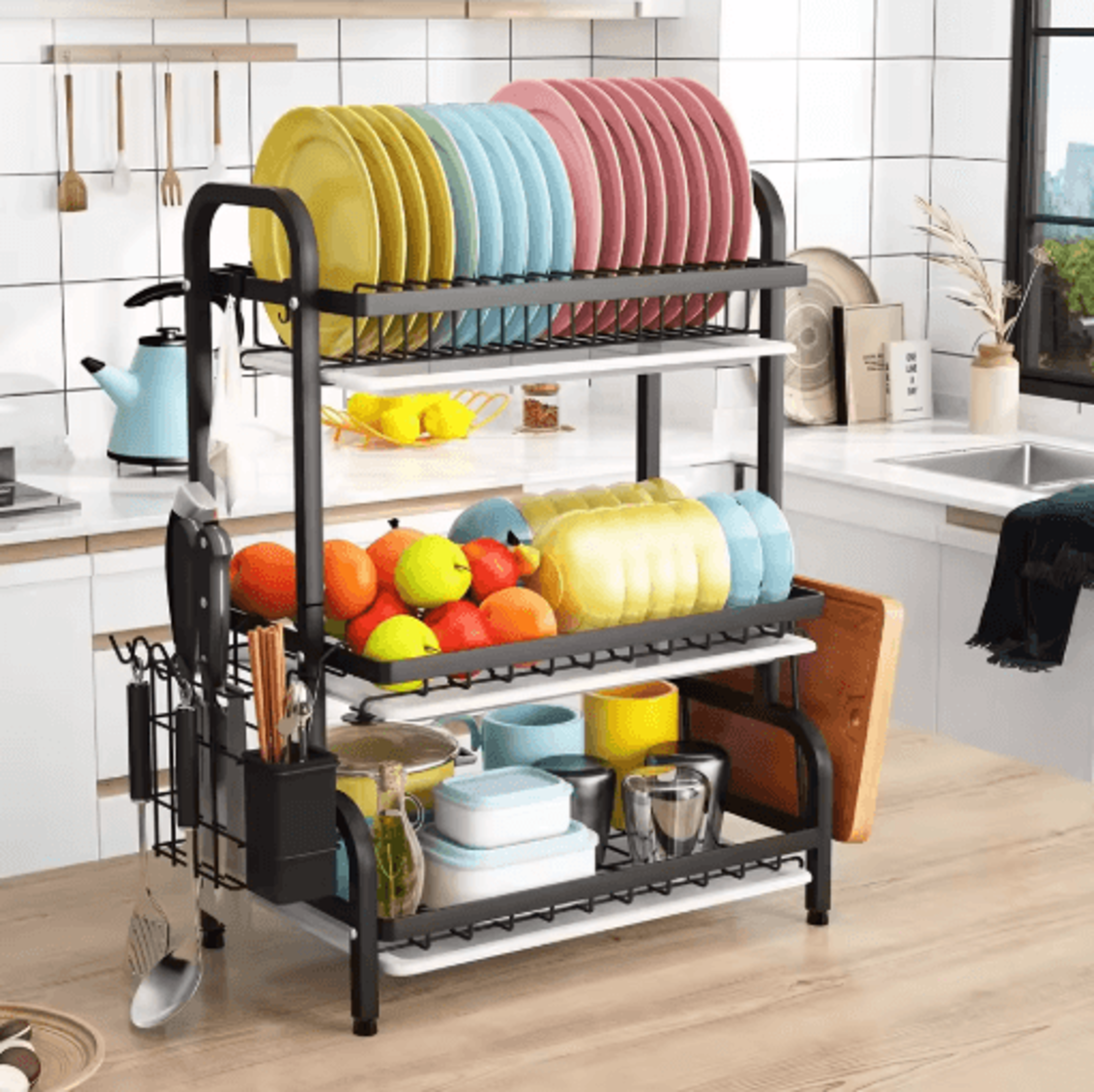 3 tier dish drying rack with drainboard tray & utensil holder kitchen counter organizer