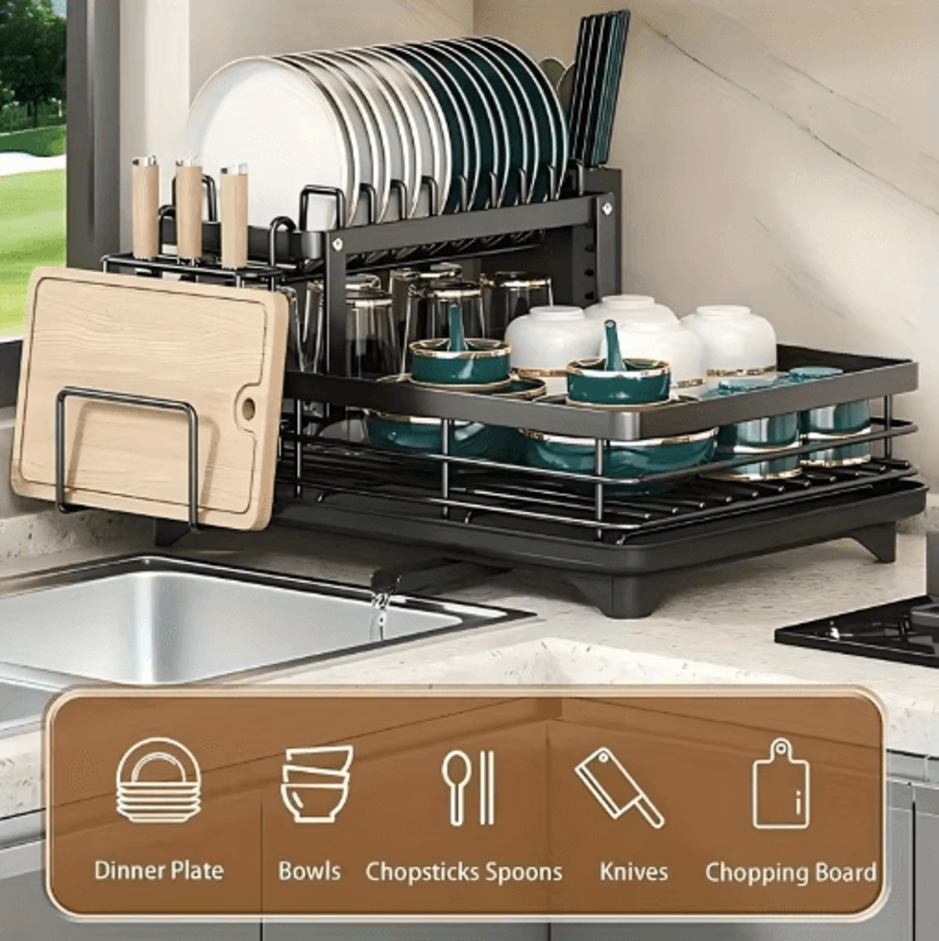 double tier extendable dish drainer large capacity adjustable kitchen countertop rack