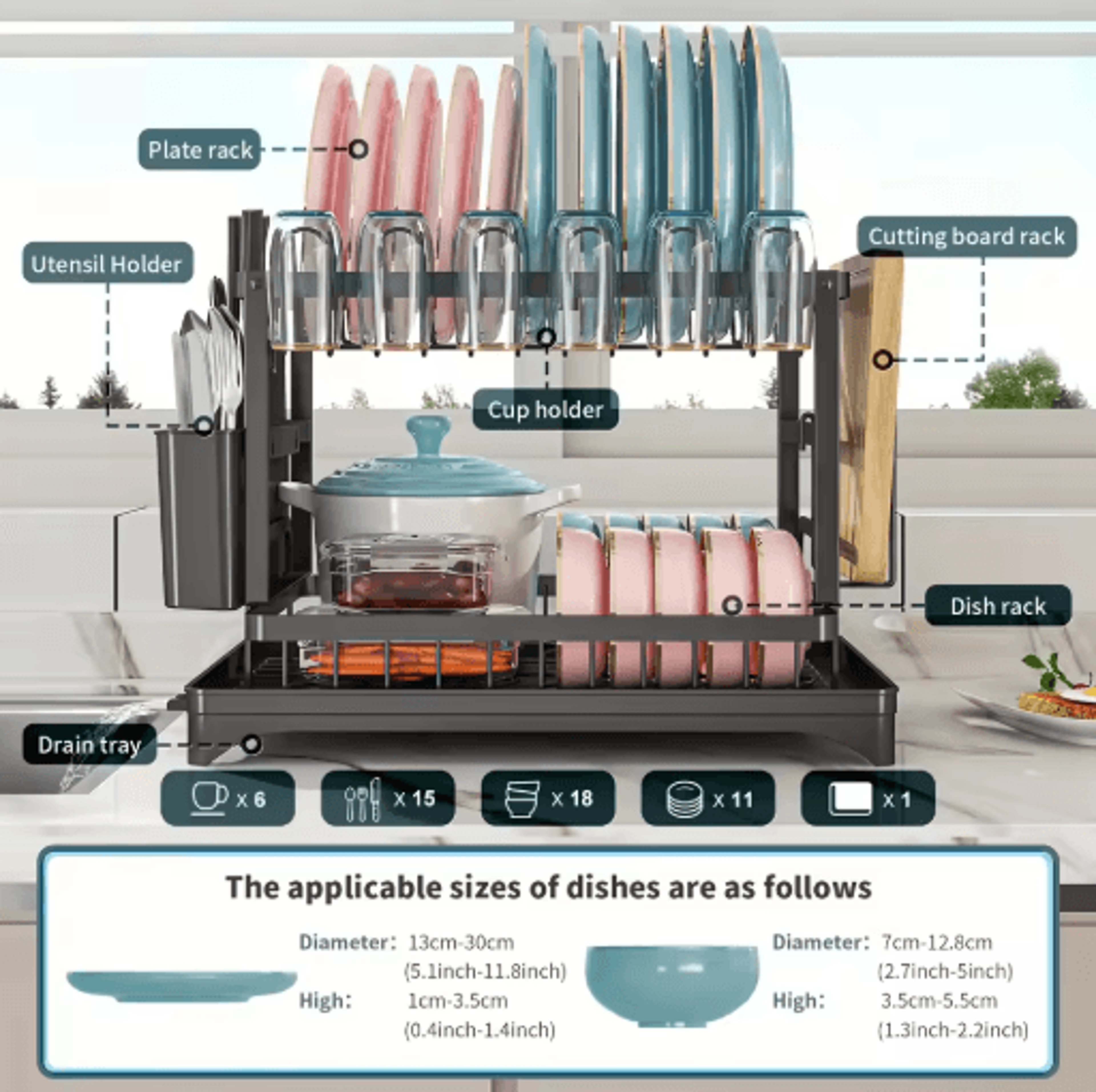 2 tier large stainless steel dish drying rack with drainboard kitchen counter dish & cup drainer