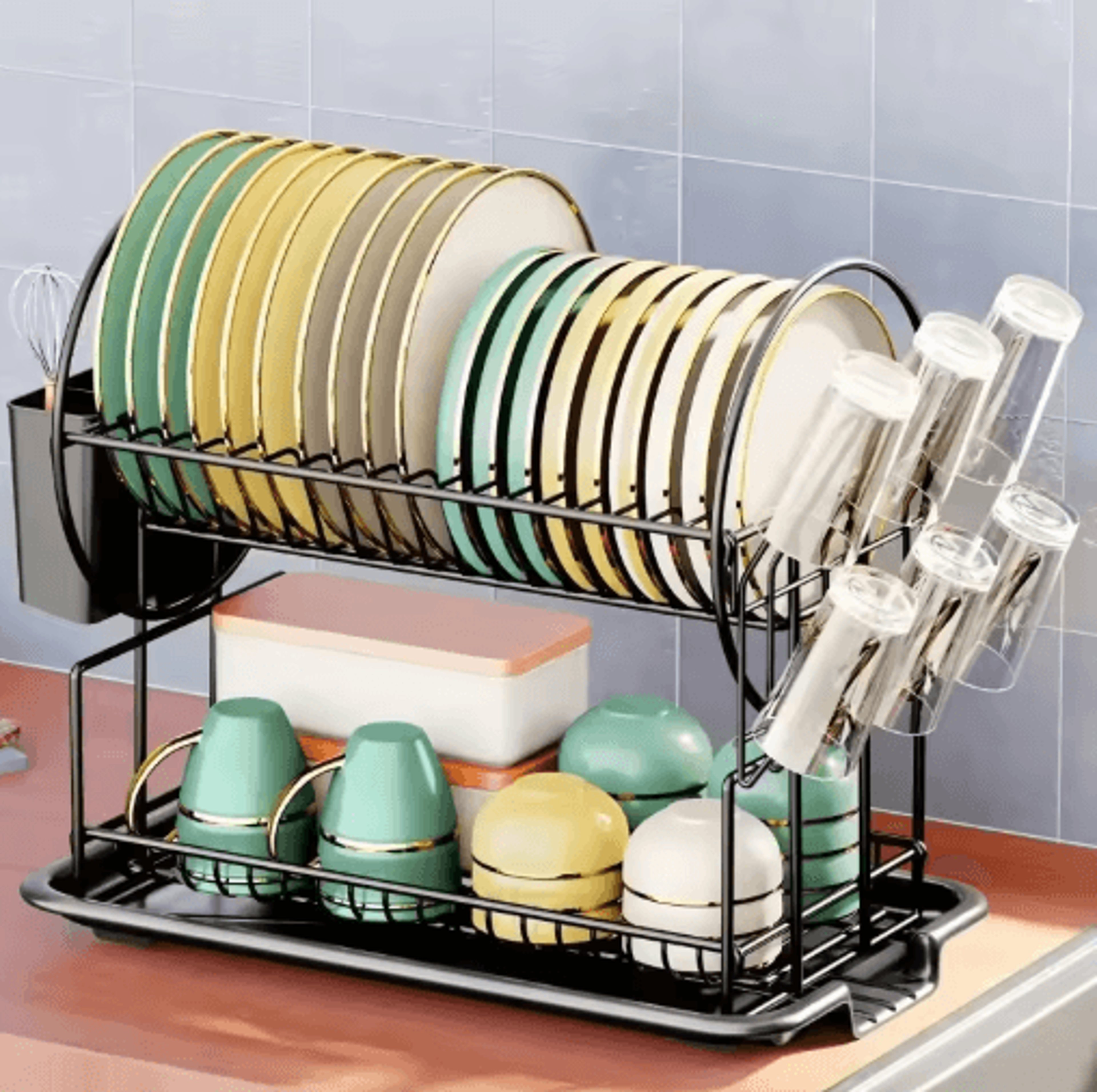 2 tier dish drying rack with drain board kitchen countertop storage set with cup & cutlery holder